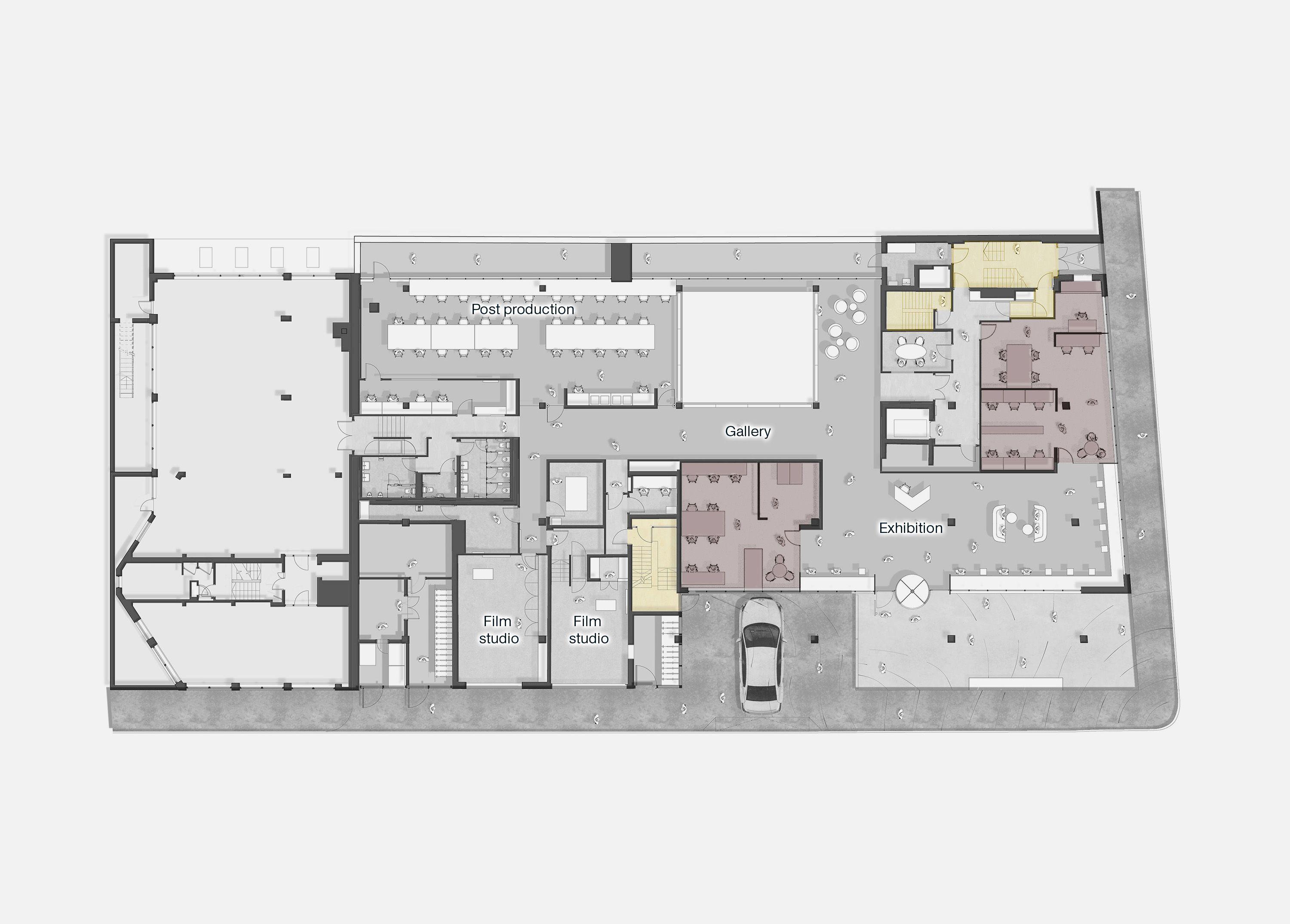 Plan of the ground floor at Edward Street, University of Brighton, showing the shared public gallery at its centre with cultural partner spaces around it.