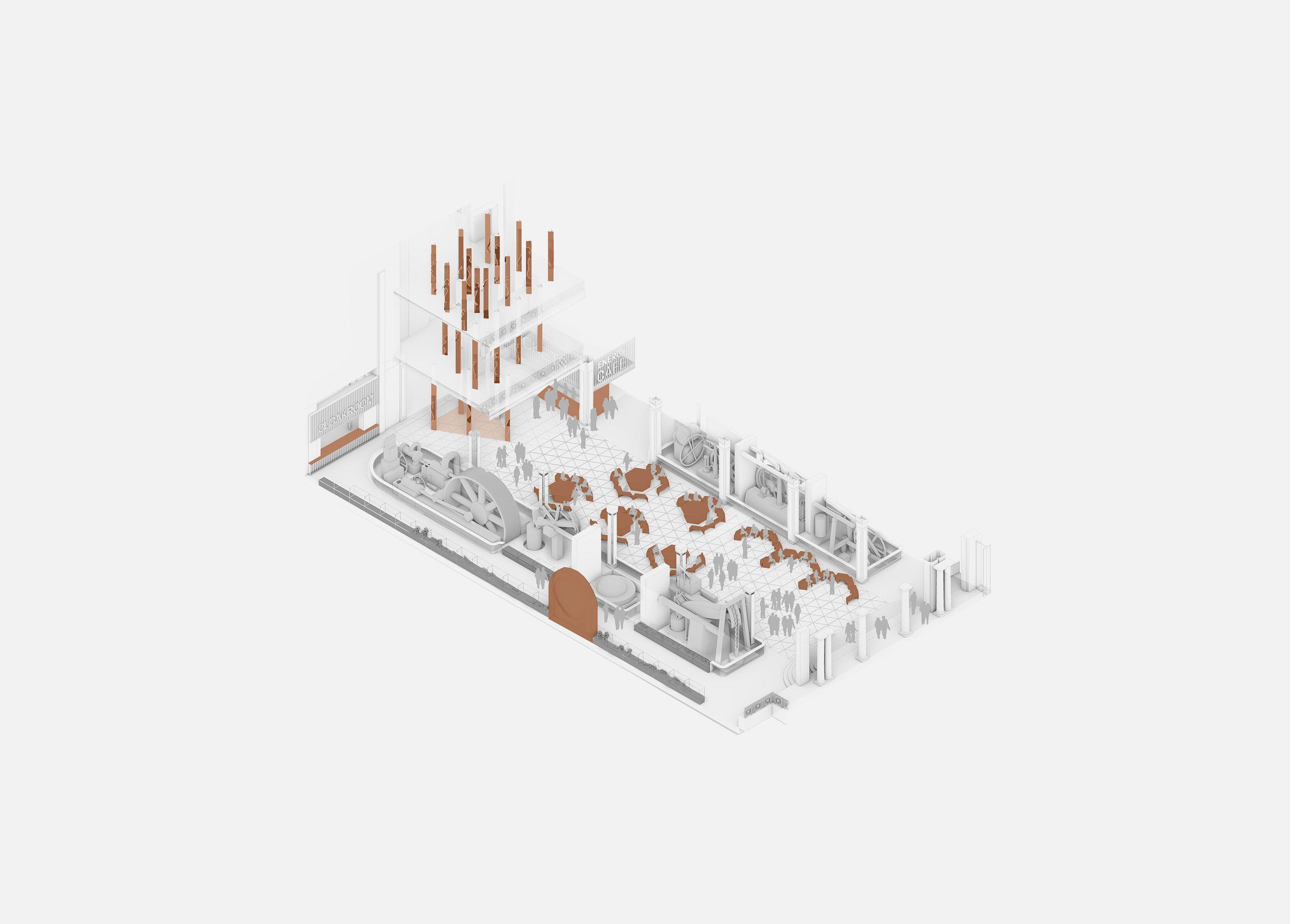 axonometric drawing of the Science Museum's East Hall arranged for an evening event, with dining tables set out among the historic machinery on the gallery floor.