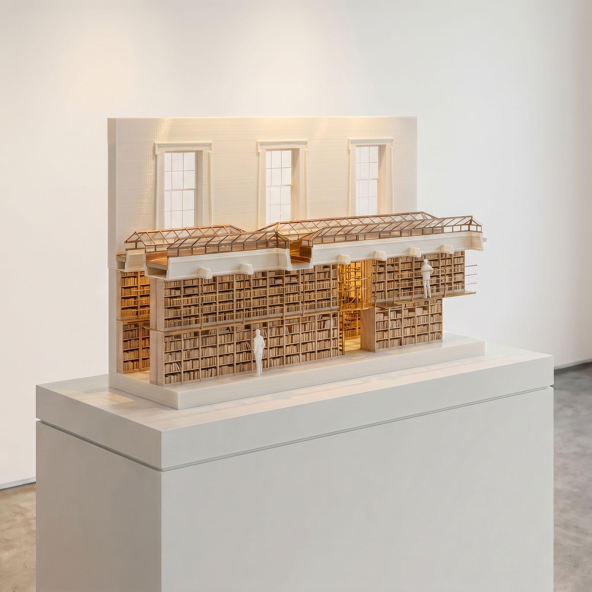 Sectional model of the British Museum's Sanskrit Library, cut away to show the top-lit roof with its row of lanterns above the book-lined walls, with a scale figure on the floor within.