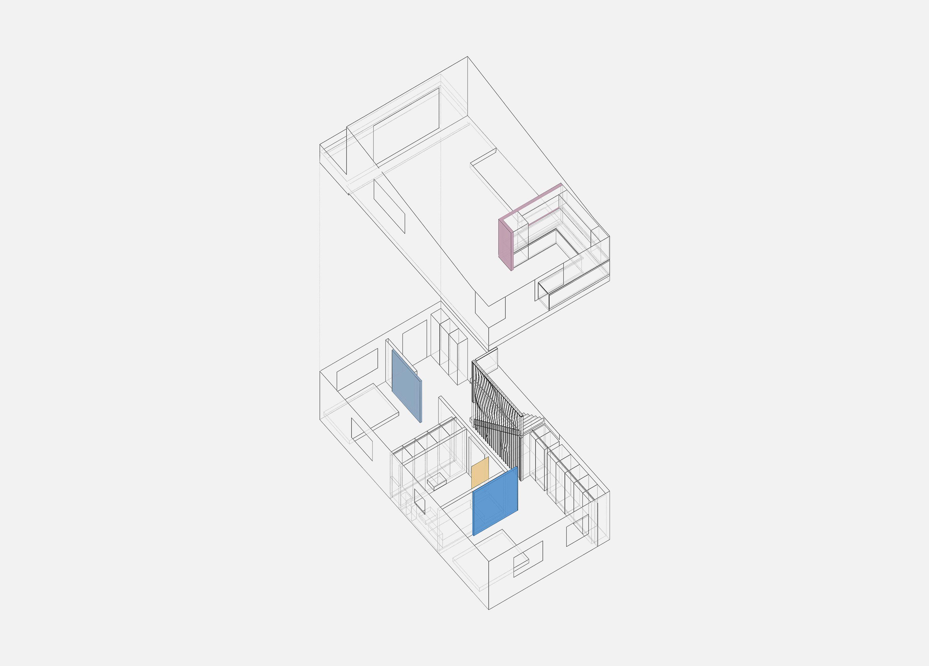 Axonometric view showing sliding walls and stairs