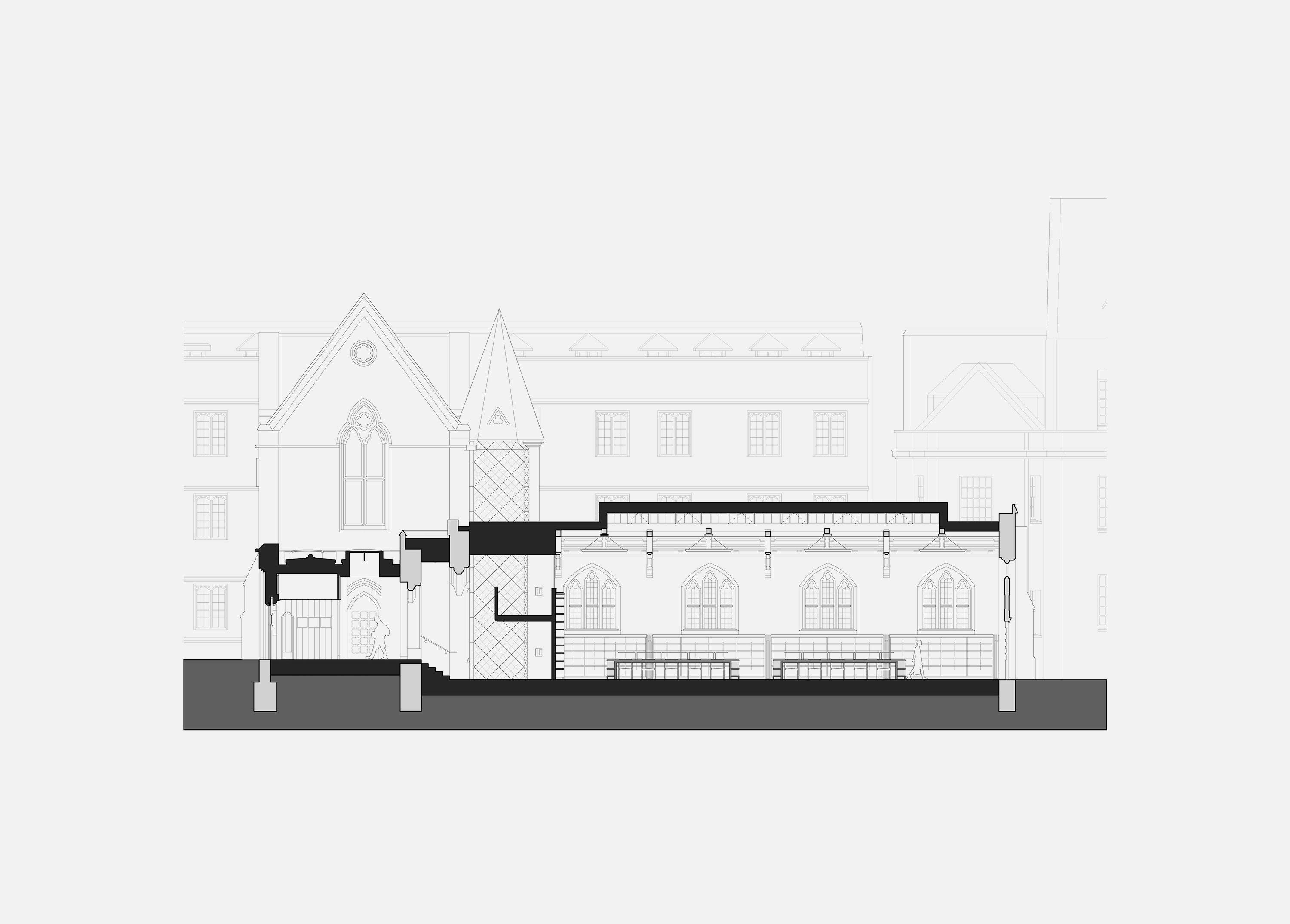 Section drawing of Exeter College Library, Oxford, cutting through the annex and the new Link block, with study places set beneath the restored full-height windows.