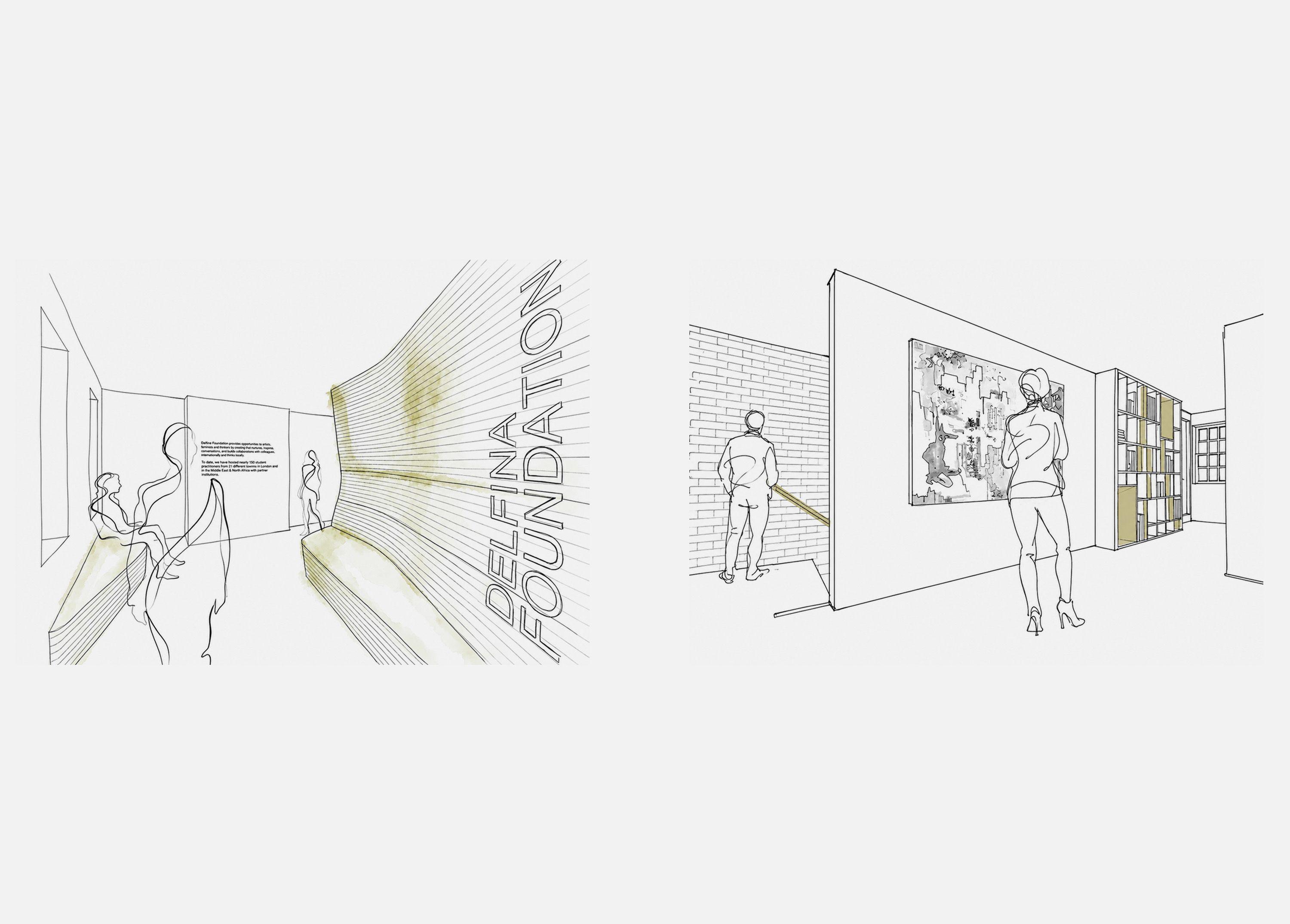 Perspective sketches of the Delfina Foundation interiors, figures arriving at reception and viewing artwork alongside the niche wall, with the niches picked out in green.