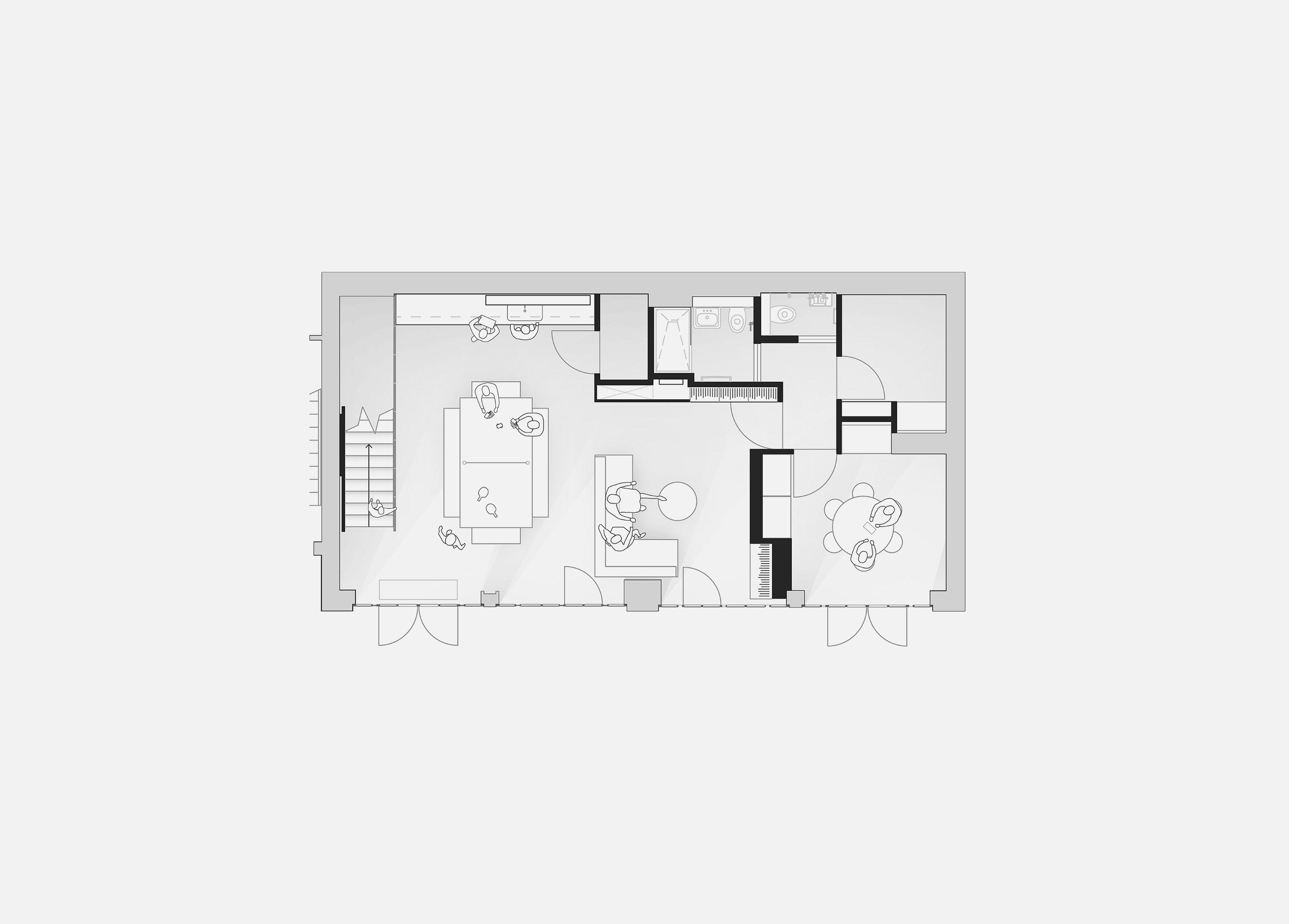 Ground floor plan showing social spaces of Fluid workspace