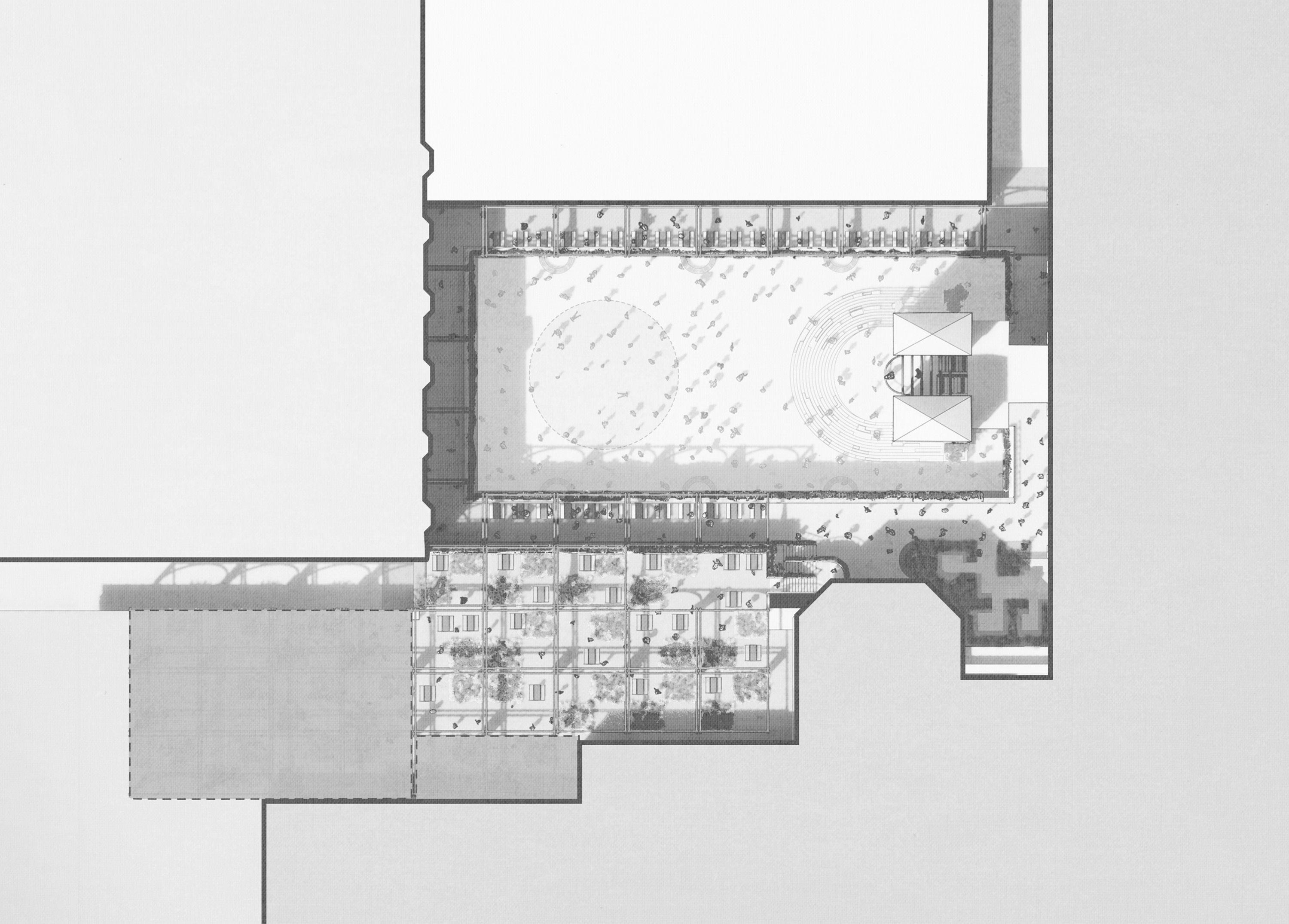 Upper level plan of Ealing Broadway, a grid of rooftop dining pavilions and planting set beside the open square.