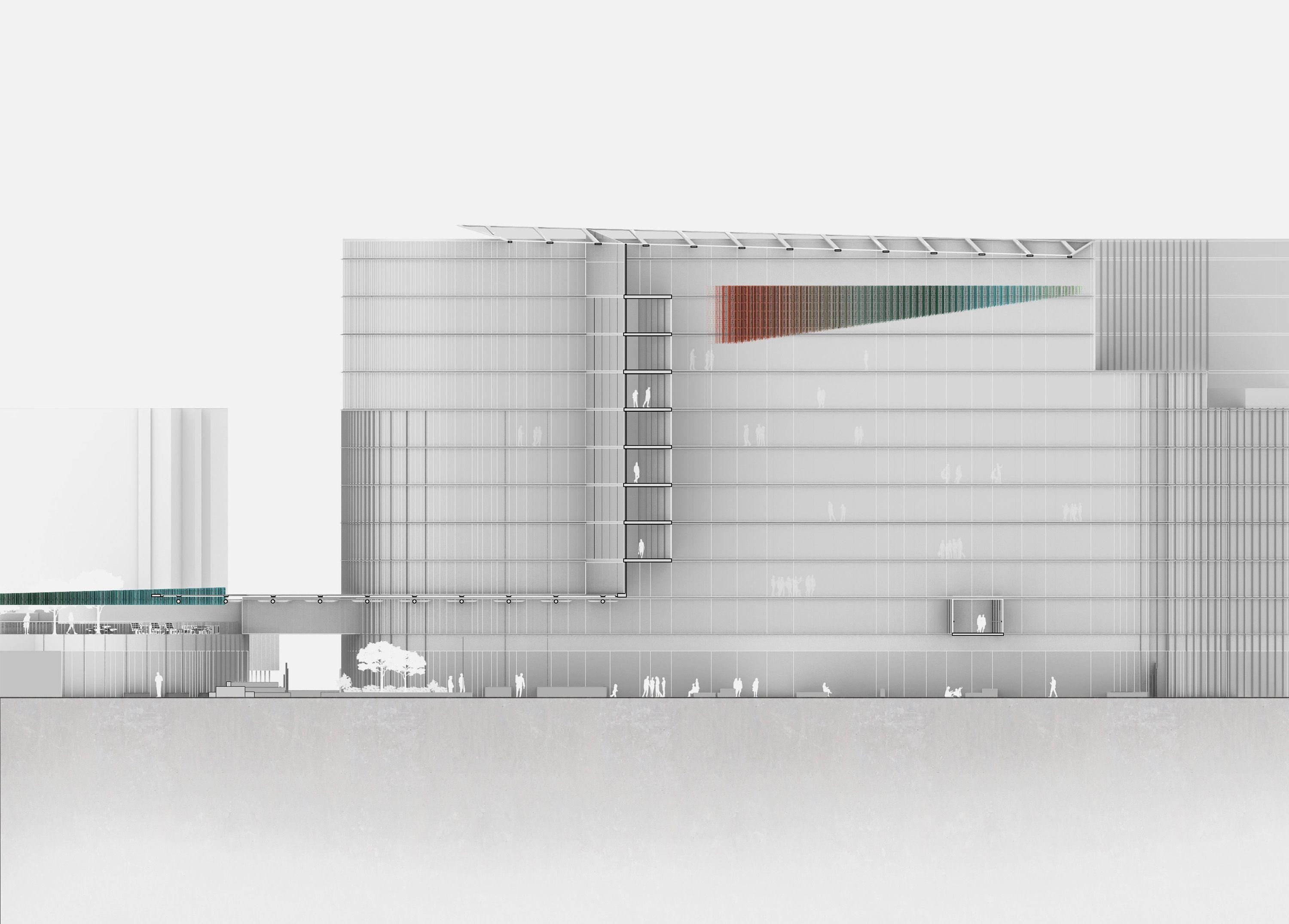 Elevation of Cardinal Place, the estate drawn in pale grey with the layered coloured mesh installations shown at the upper park level and at the entrance below.