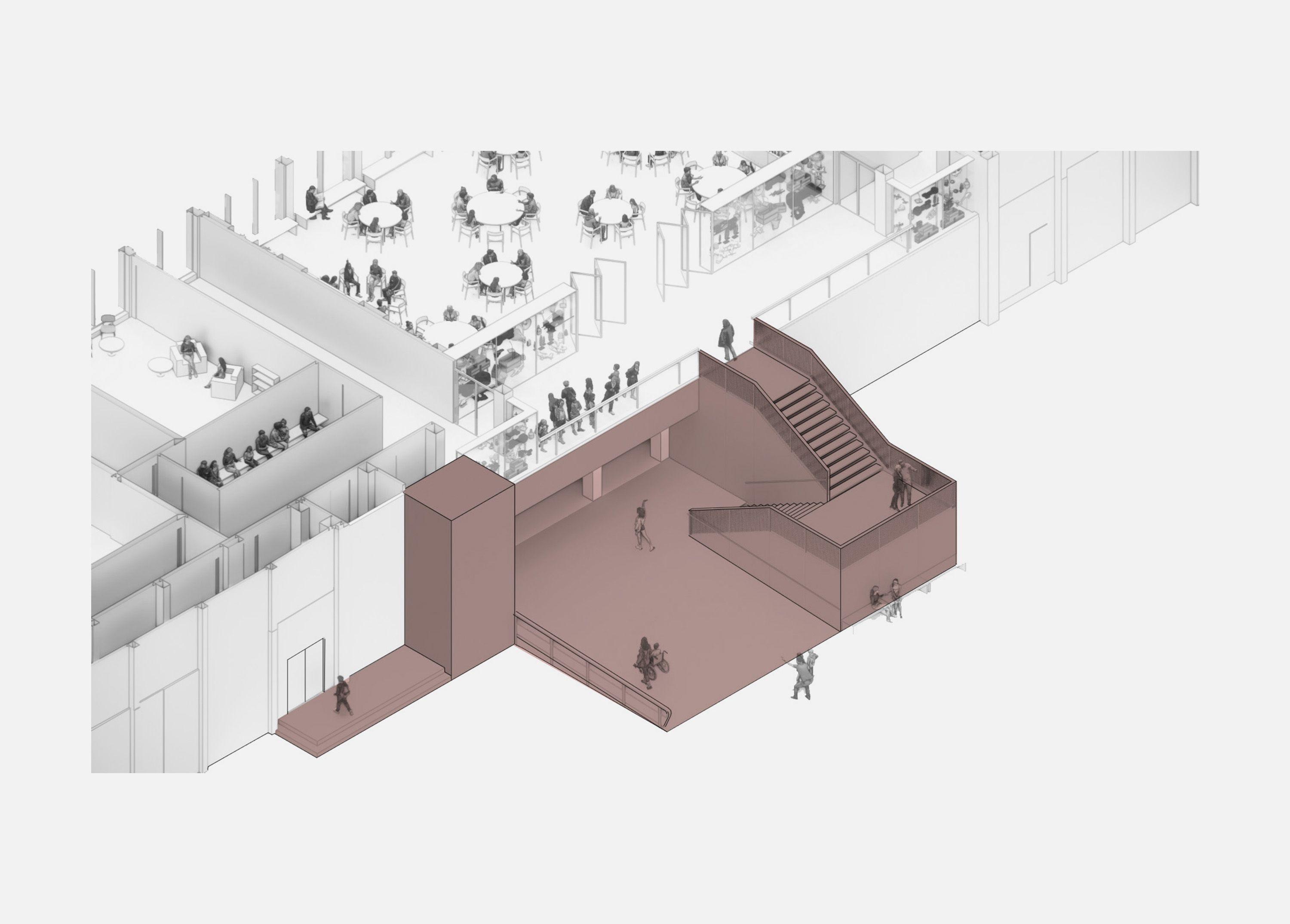 Cutaway axonometric of the Archive, Library and Research Centre at the RAF Museum, London, the new stair and lift, opening the upper floor to visitors