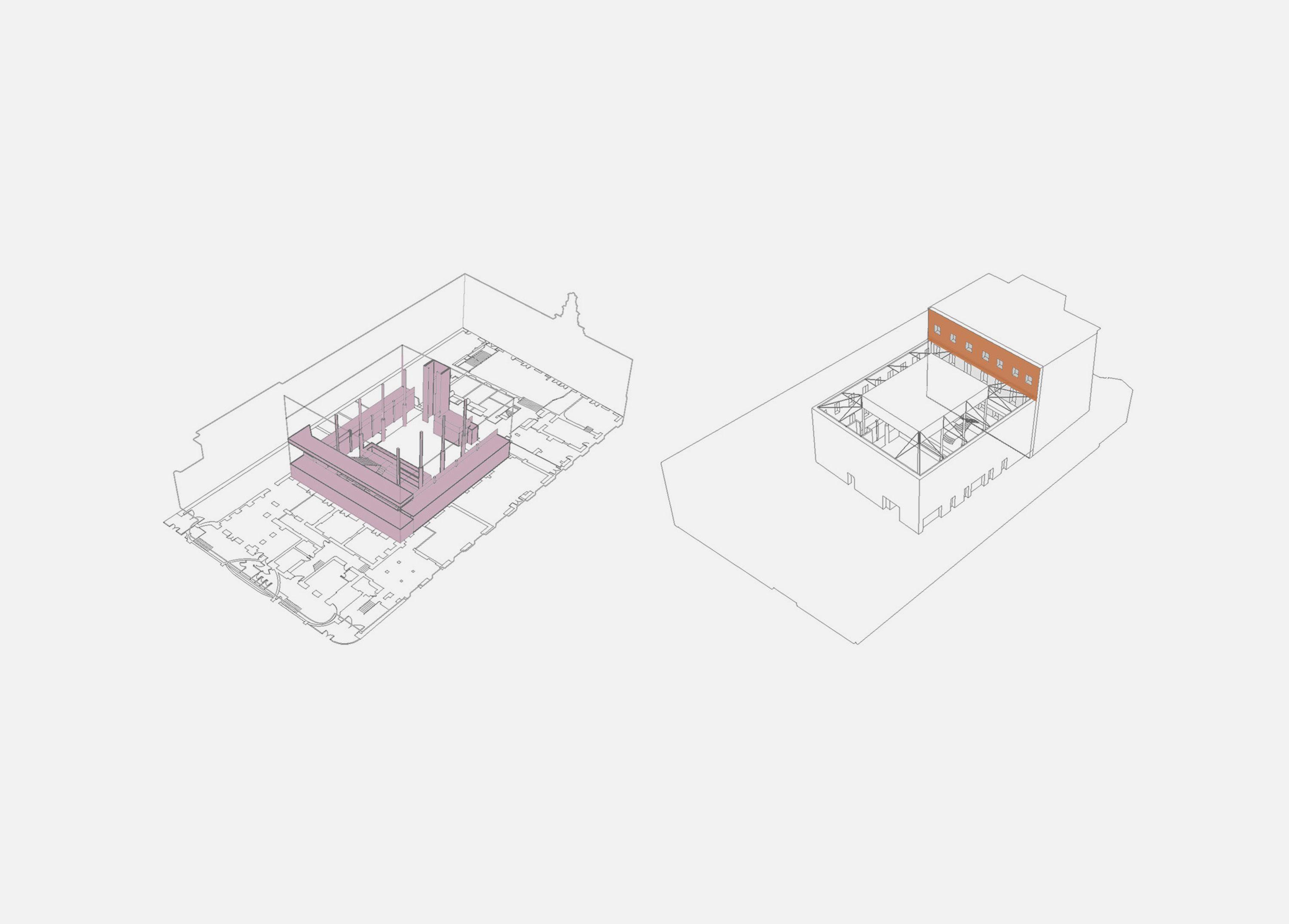axonometric diagrams of Powerscourt Townhouse, Dublin, showing the later additions removed from the courtyard and the space opened up to its original volume
