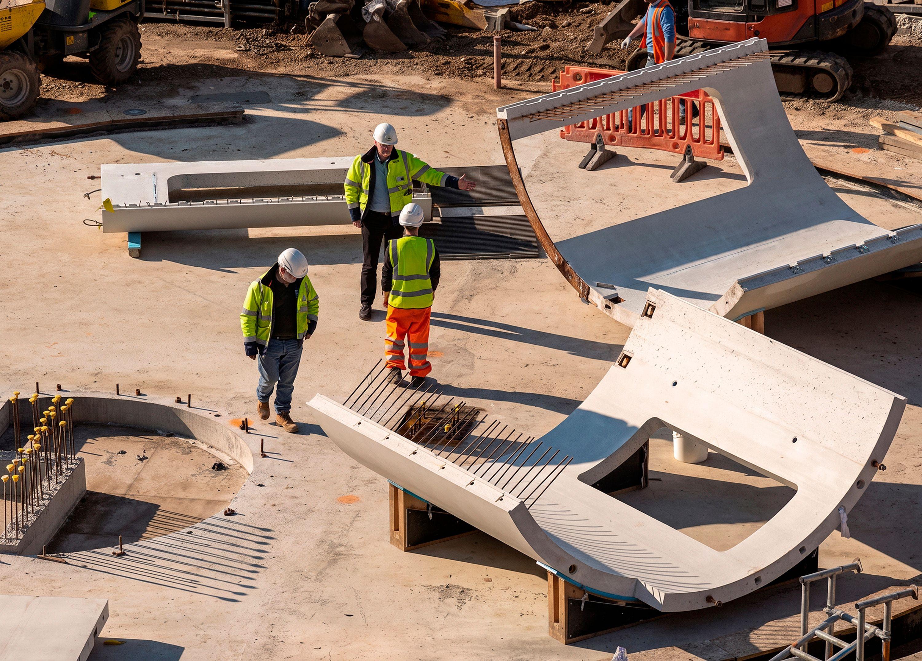 Precast concrete elements under inspection at the Cornwall factory, their curved profiles visible before delivery to site.