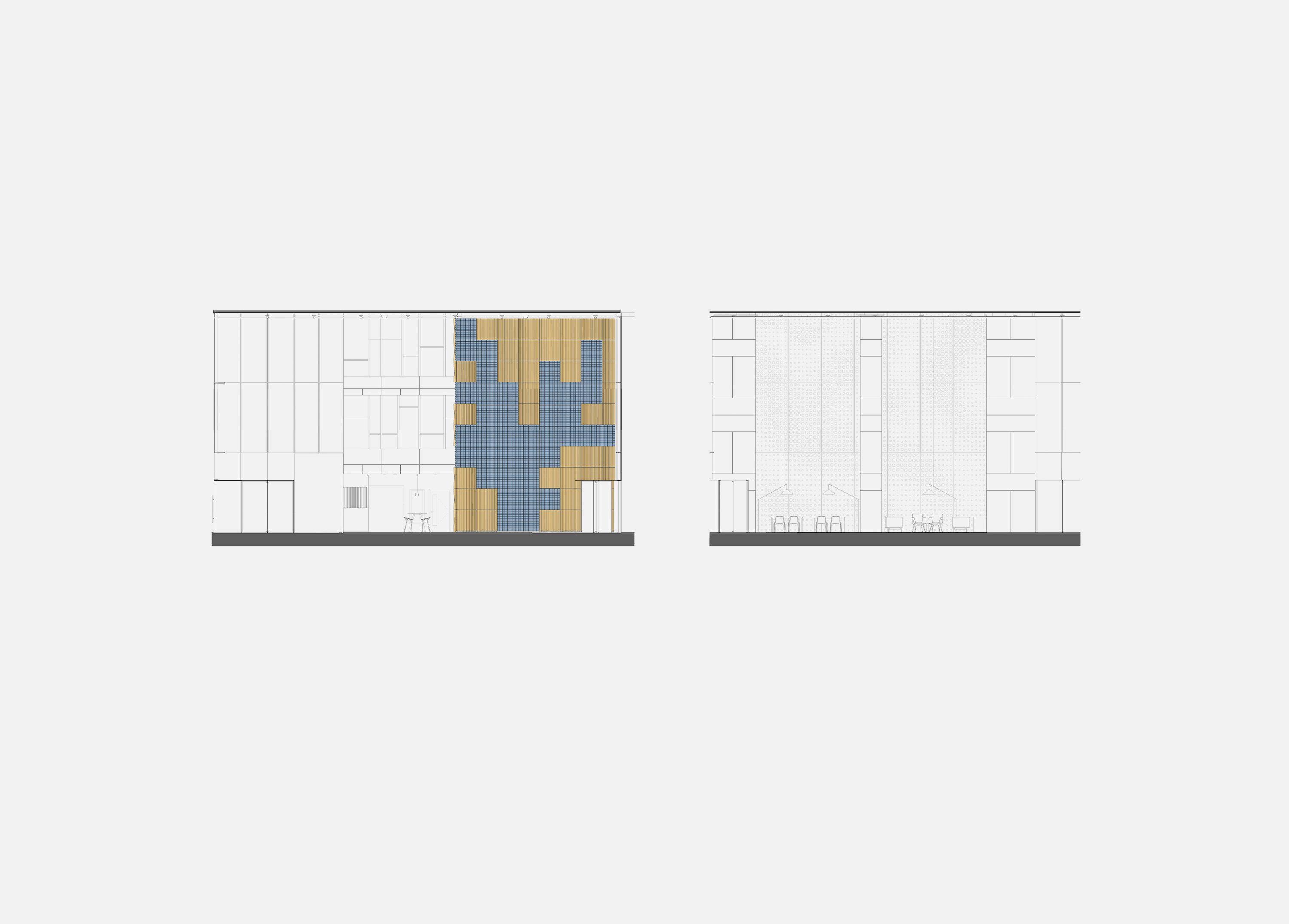 Two elevation drawings of Coppice Workplace, one showing a blue and ochre pattern of planting and acoustic panel across the facade, the other a line drawing of the same elevation.