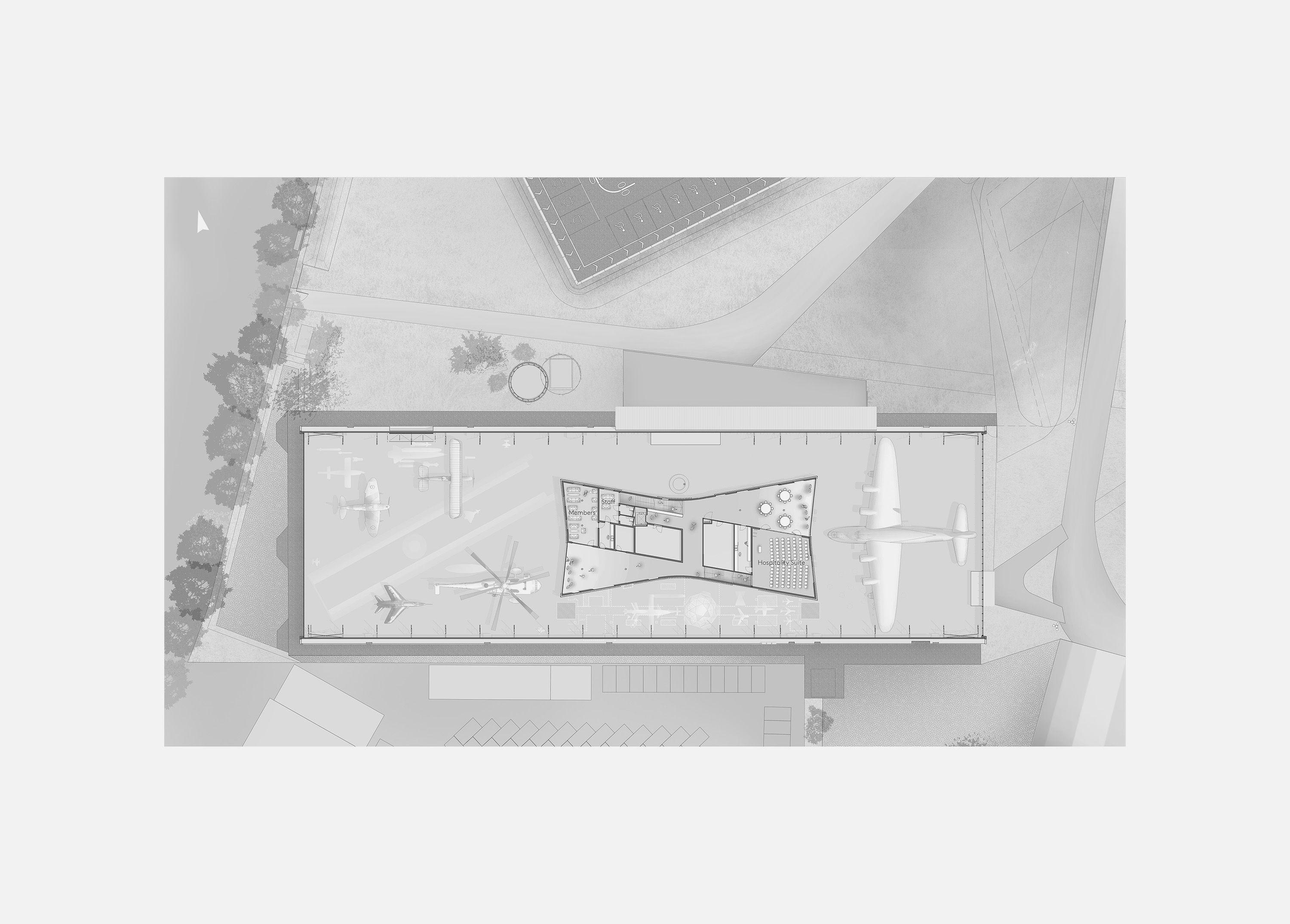 First floor plan of the entrance gallery at the RAF Museum, London, the central pavilion's upper level within the hangar