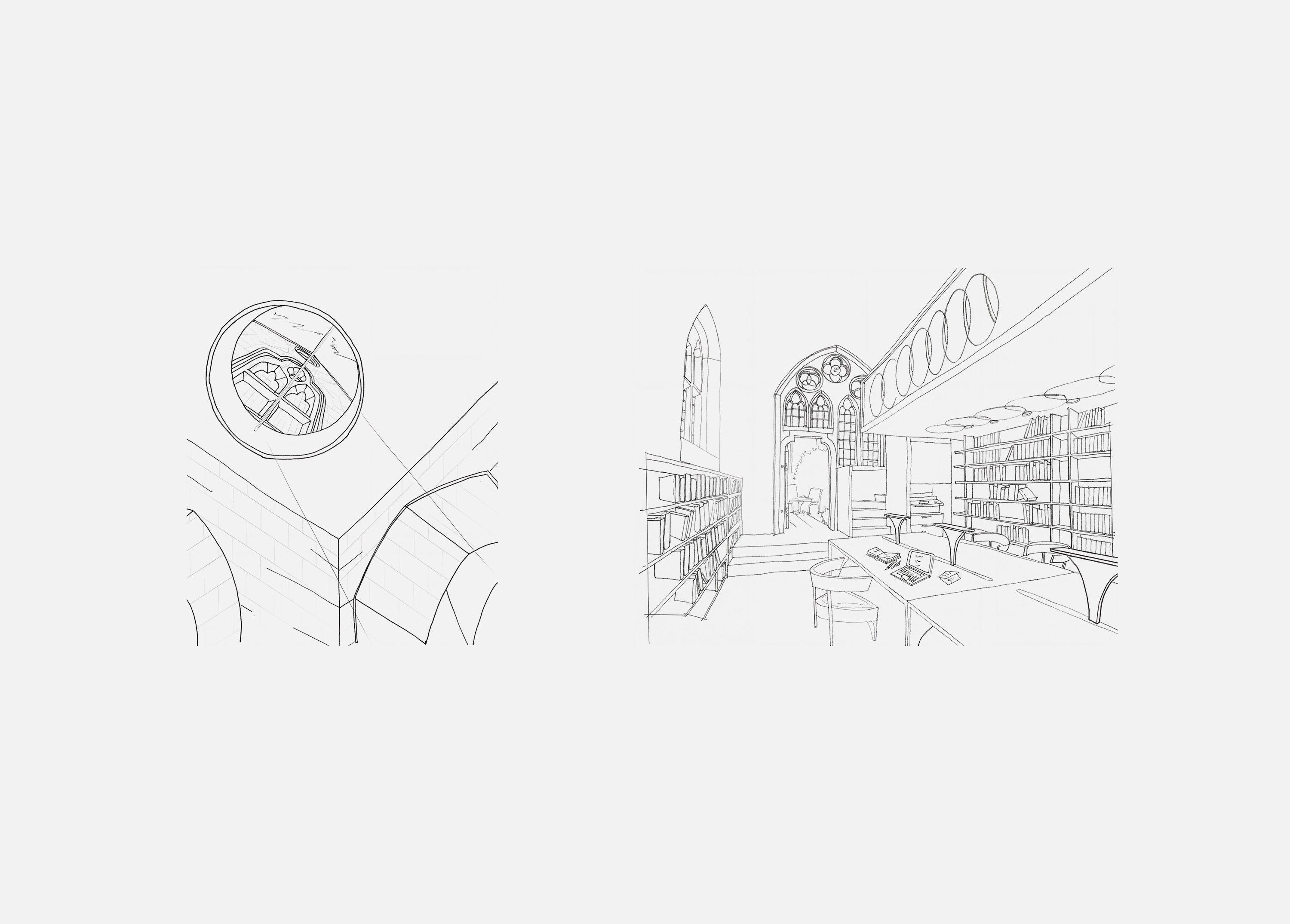 Line sketches of Exeter College Library, Oxford, showing the circular rooflight over the new stair and an interior view down the annex towards the entrance.