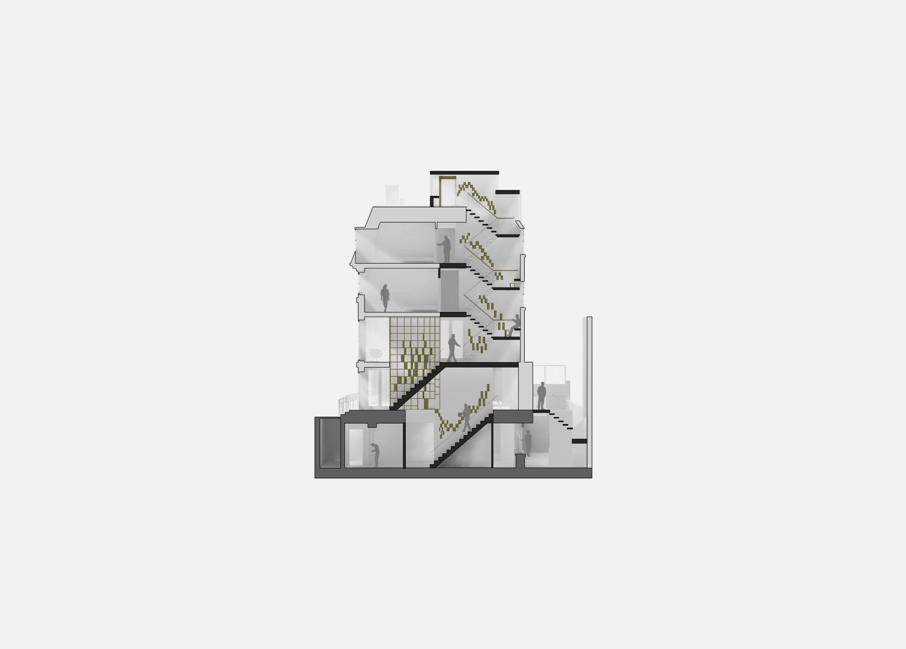 Sectional drawing of the terrace houses, the new wall and stair threading from basement to roof with the niches picked out in bronze against the retained structure.