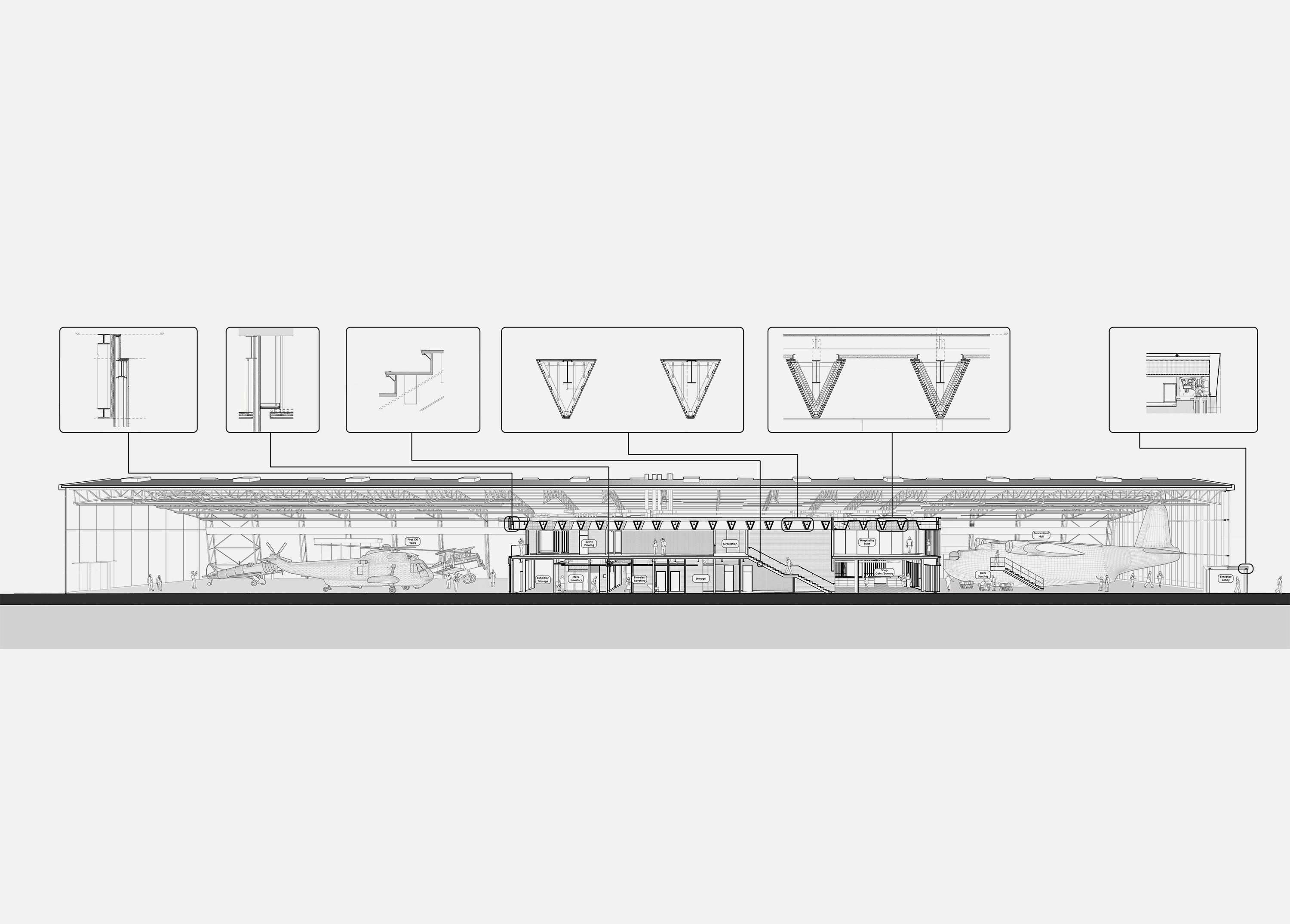 Sectional perspective through the entrance gallery at the RAF Museum, London, with construction details of the roof and pavilion called out