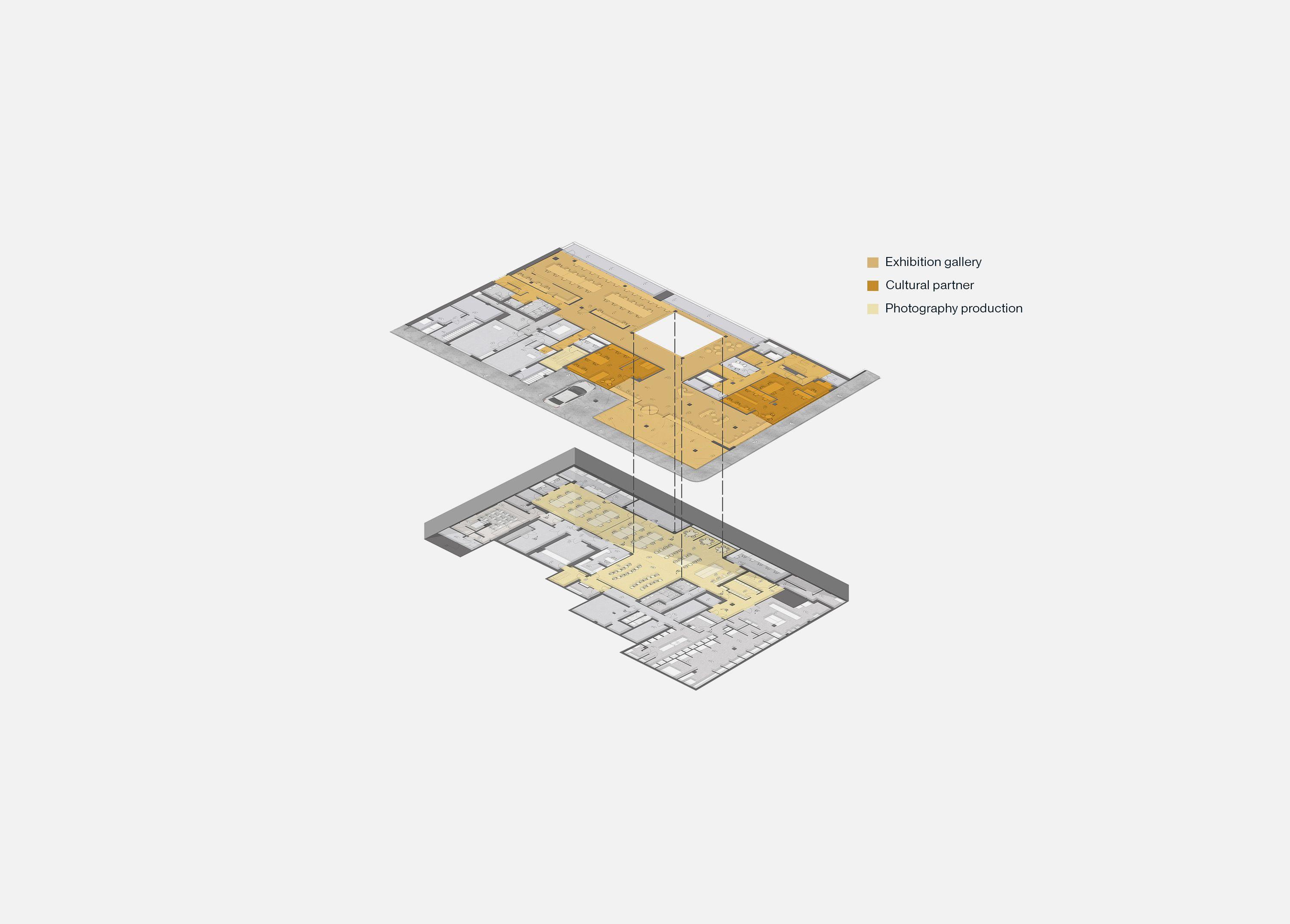Axonometric diagram of the Edward Street building, Brighton, showing the exhibition gallery, cultural partner spaces and photography production areas across the ground floor and basement.