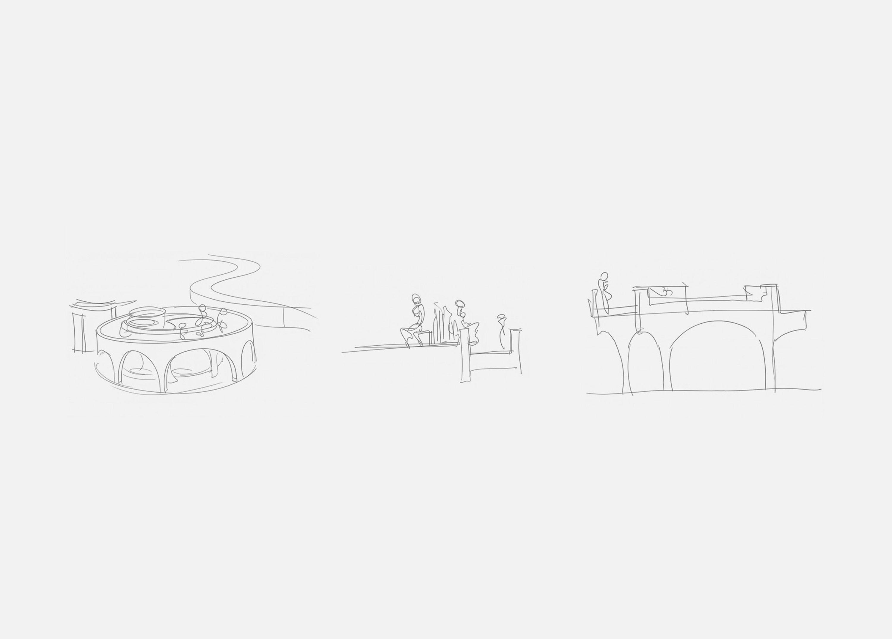 Concept sketches showing rounded form of the restaurant building and public roof space