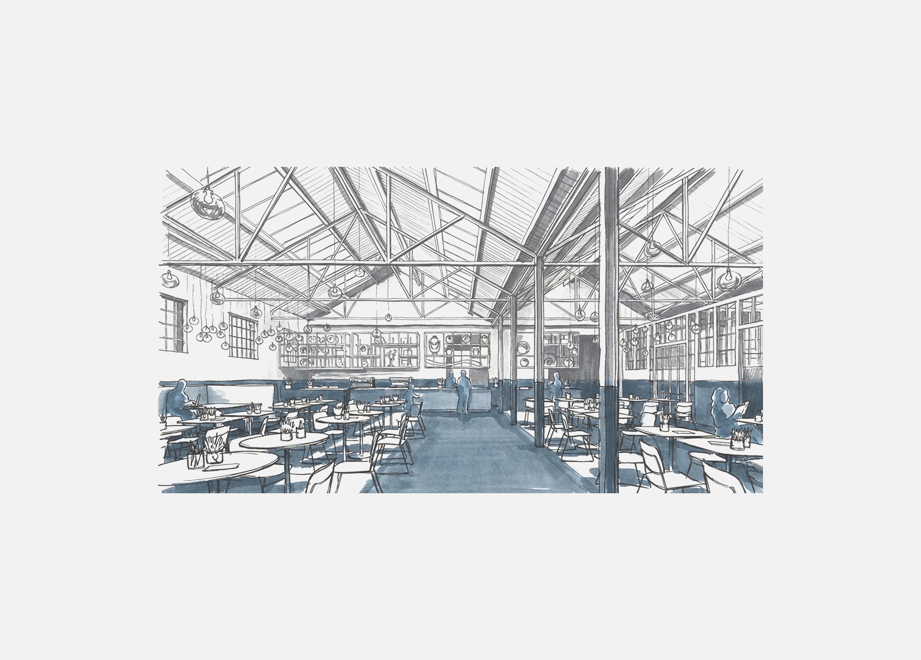A sketch view of the restaurant interior showing the horizon concept