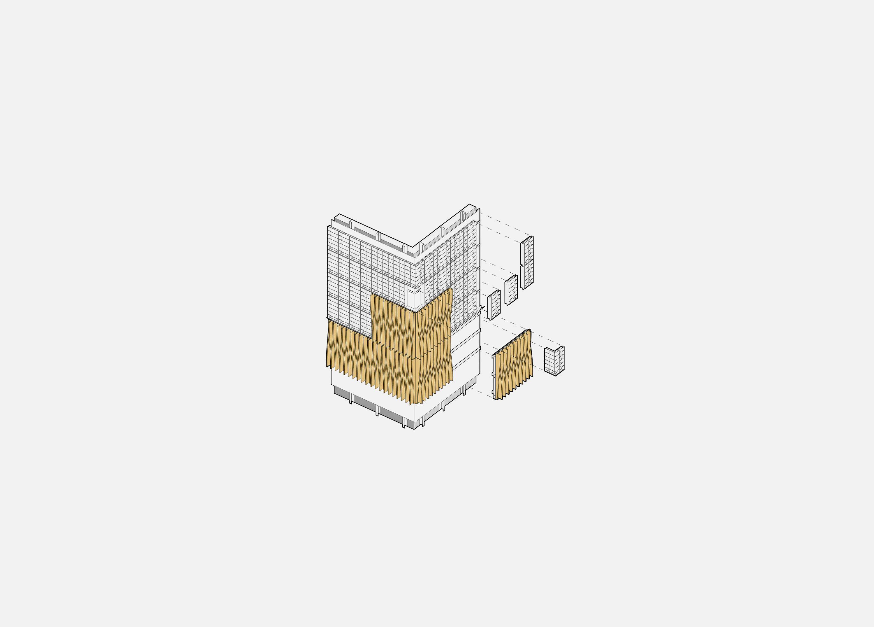 axonometric drawing of Coppice Workplace, showing timber batten screens separating from the main volume.