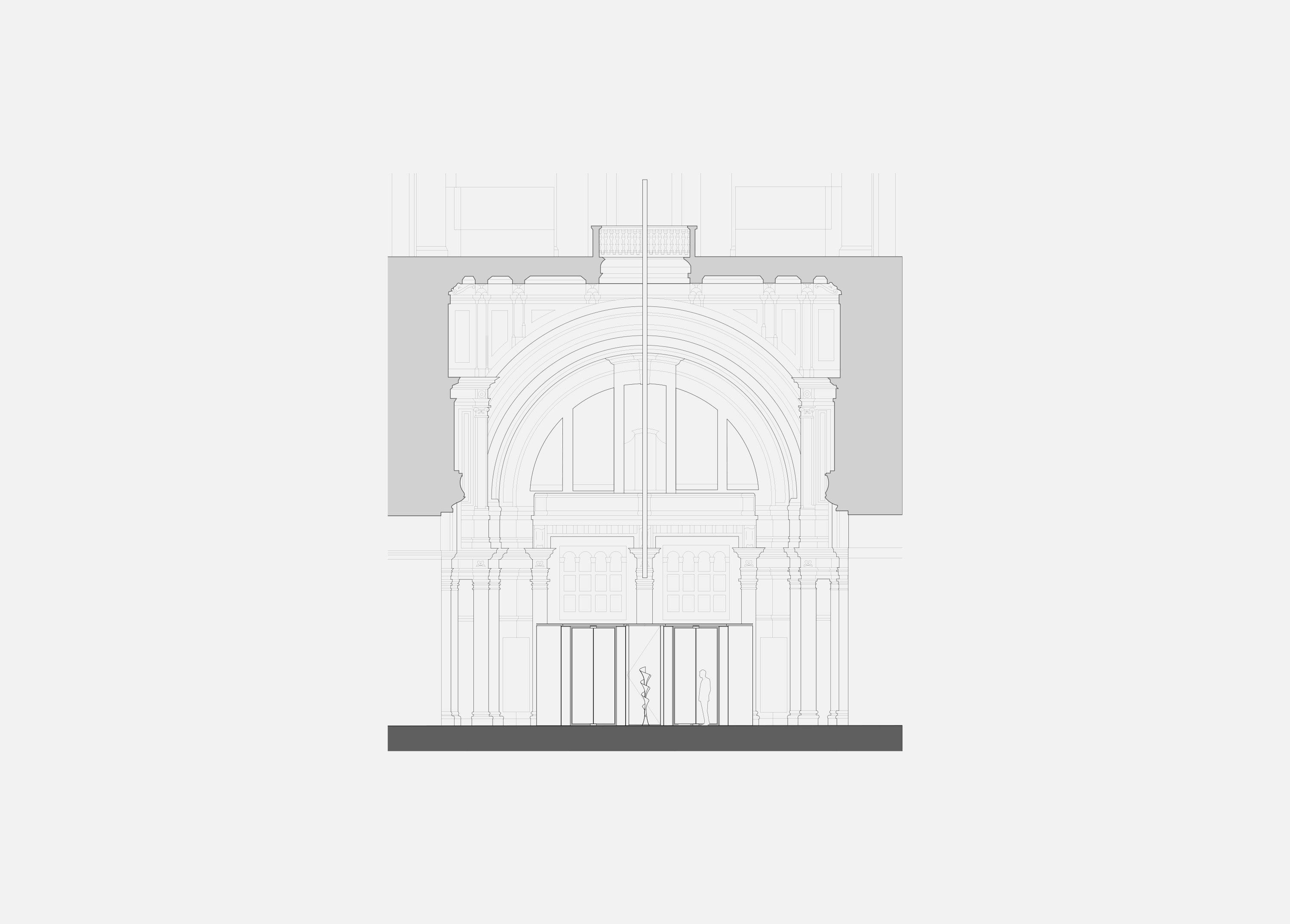 Section drawing of the proposed V&A entrance, London, showing the new glass box rising to the cornice within Aston Webb's arched stone hall, revealing the clerestory windows above the doors.