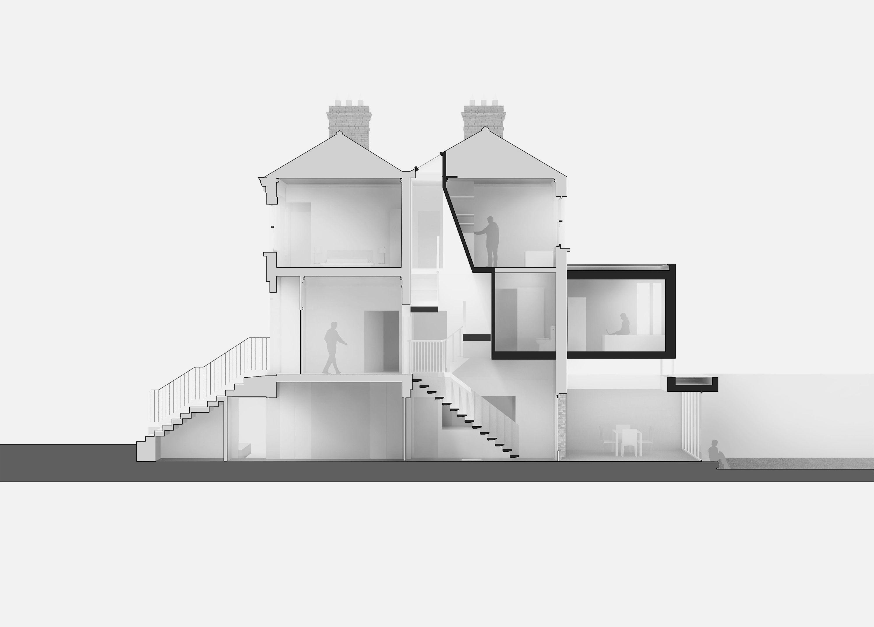 Long section through Half Landings House showing the reconfigured stair joining the levels of the Victorian house with the new bronze extension reaching into the garden