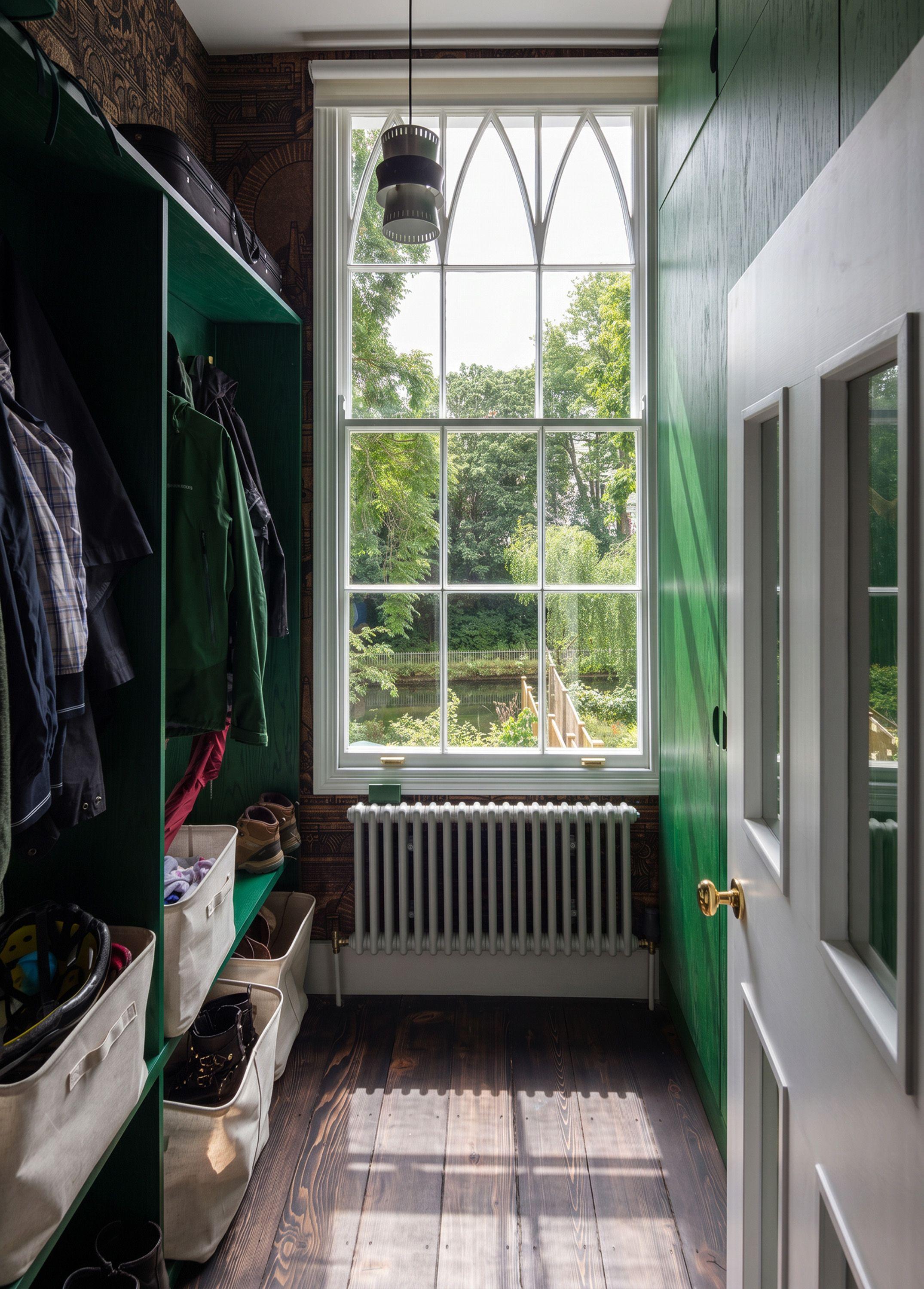 Boot room at Puzzle Box with deep green joinery and a Gothic-arched sash window looking out over the canal.
