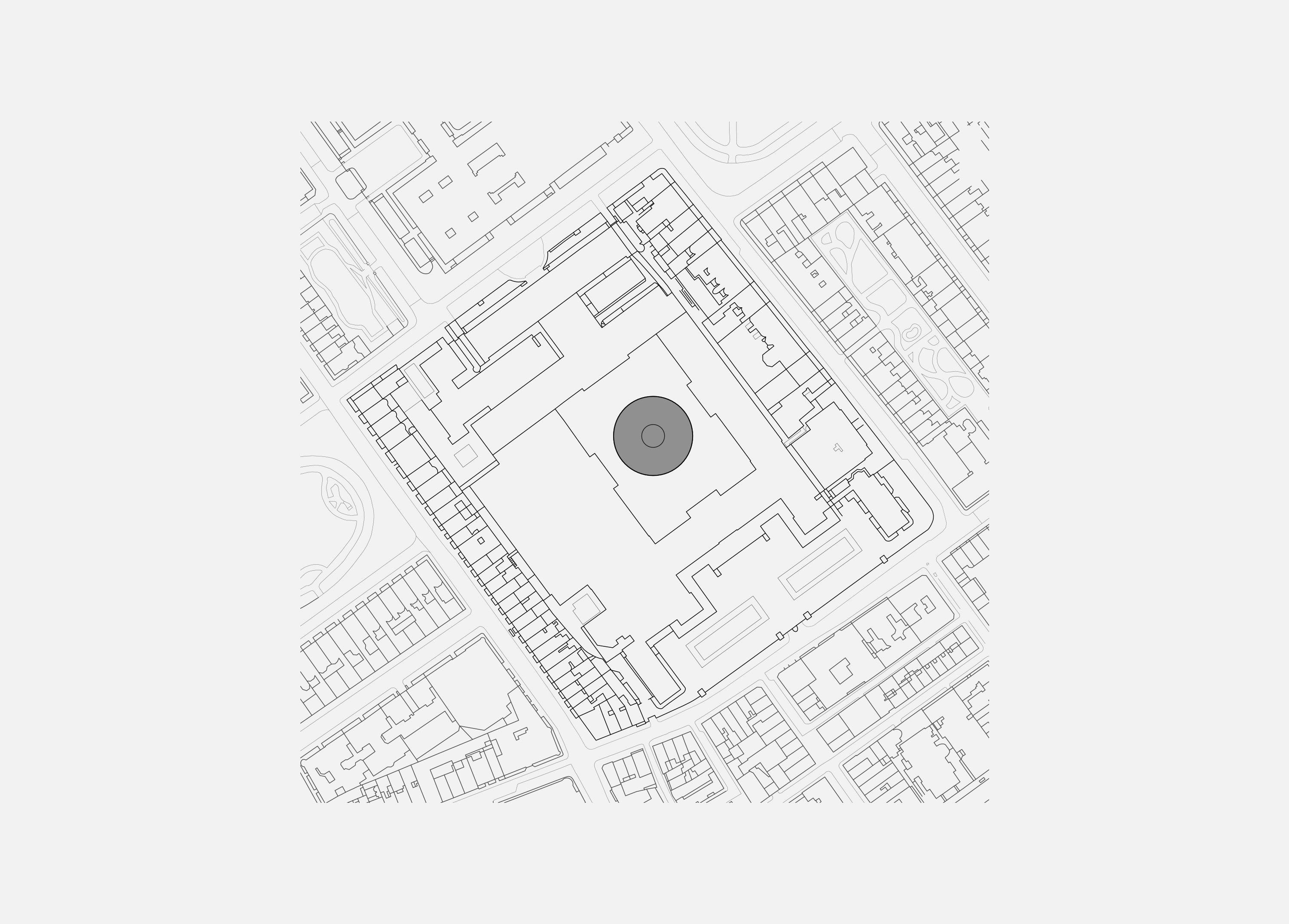 Roof plan locating the Round Reading Room at the heart of the British Museum, its dome set within the enclosed Great Court.