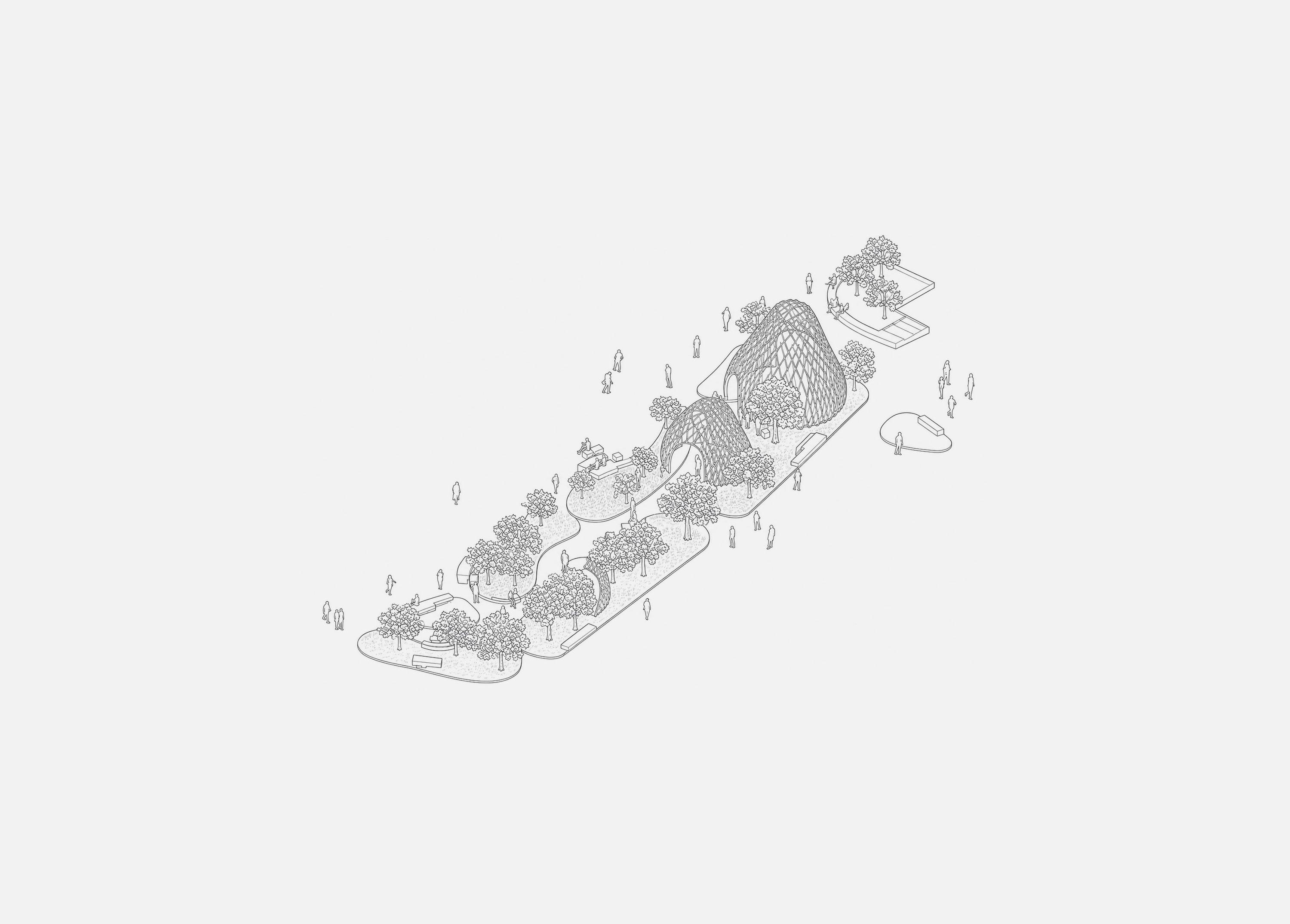 Site Isometric view of pavilions