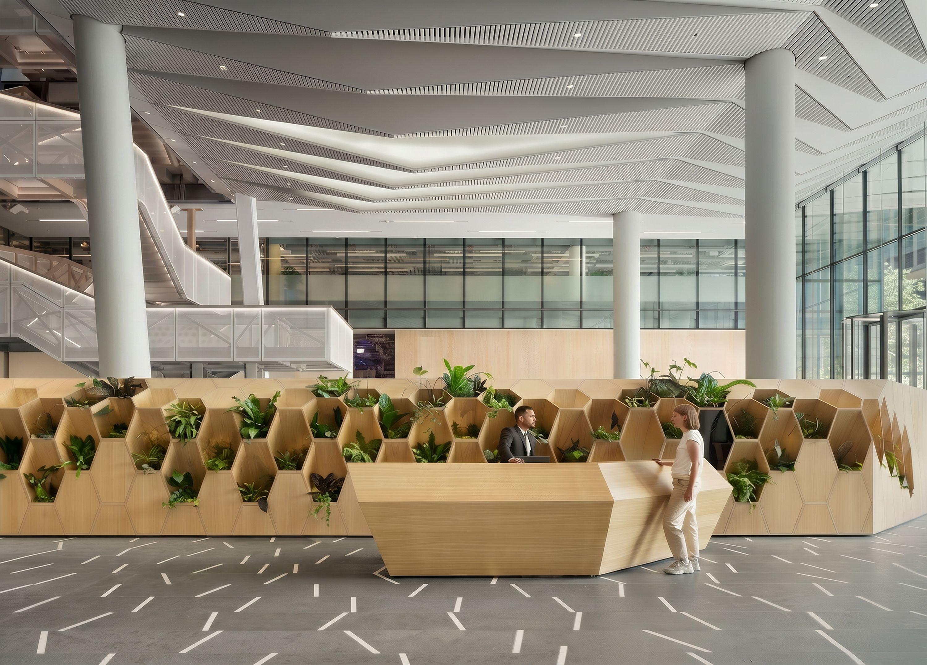 The Hedgerow reception at Regent's Place, a faceted oak desk set within a long timber structure of planted hexagonal cells, beneath a slatted ceiling in a glazed lobby.