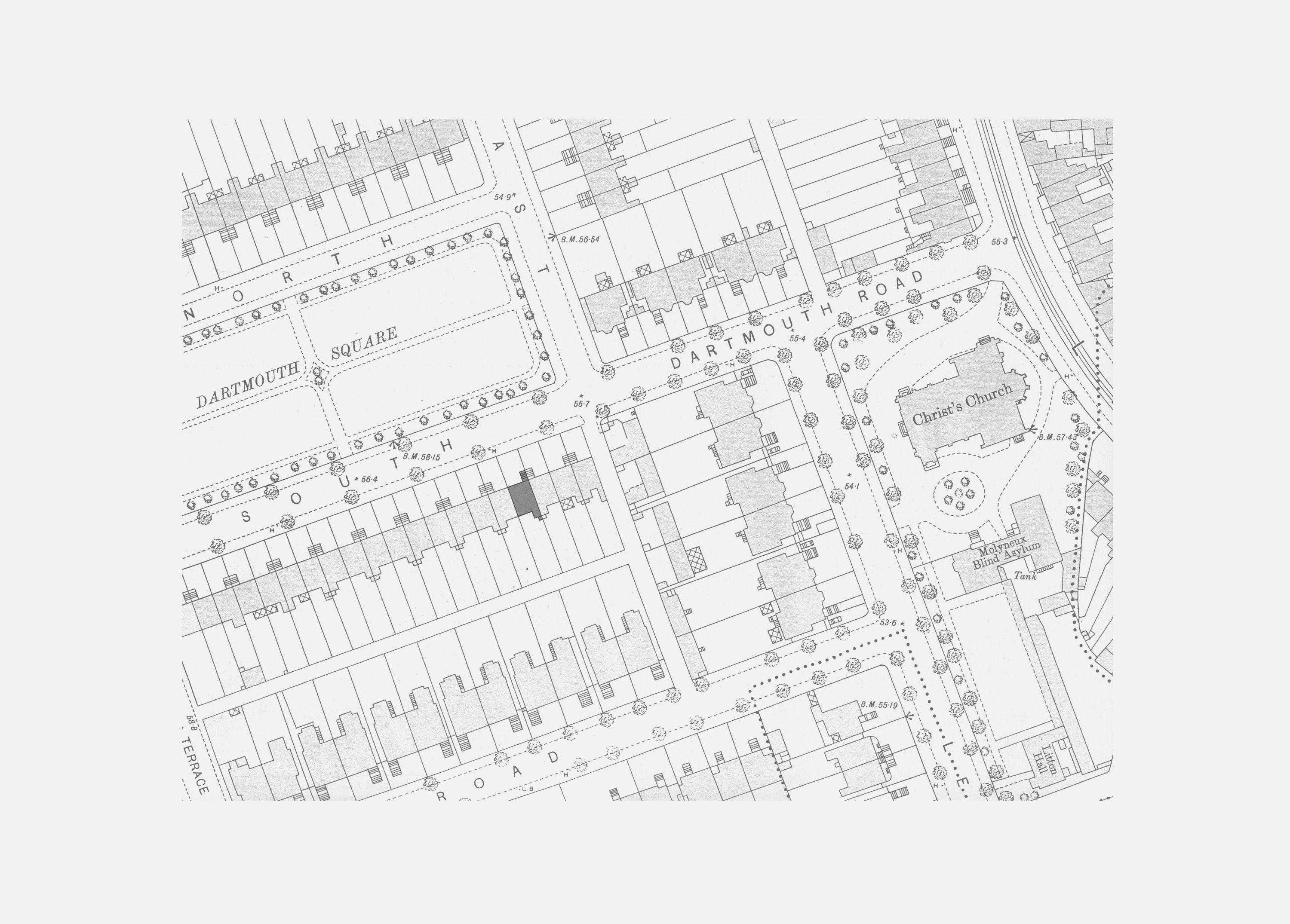 Ordnance Survey map extract of Dartmouth Square, Dublin, showing Half Landings House marked on the southern terrace with Christ Church opposite.