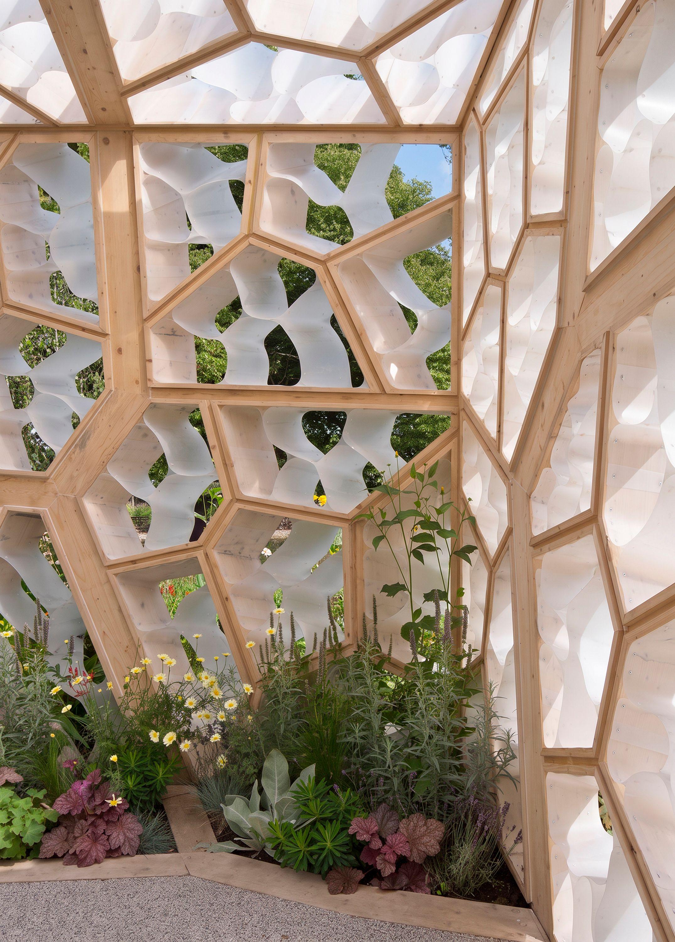 Standing inside the pavilion at Kew, spruce capillaries and white bioplastic cells enclosing the space, with a bed of low planting at the foot of the wall.