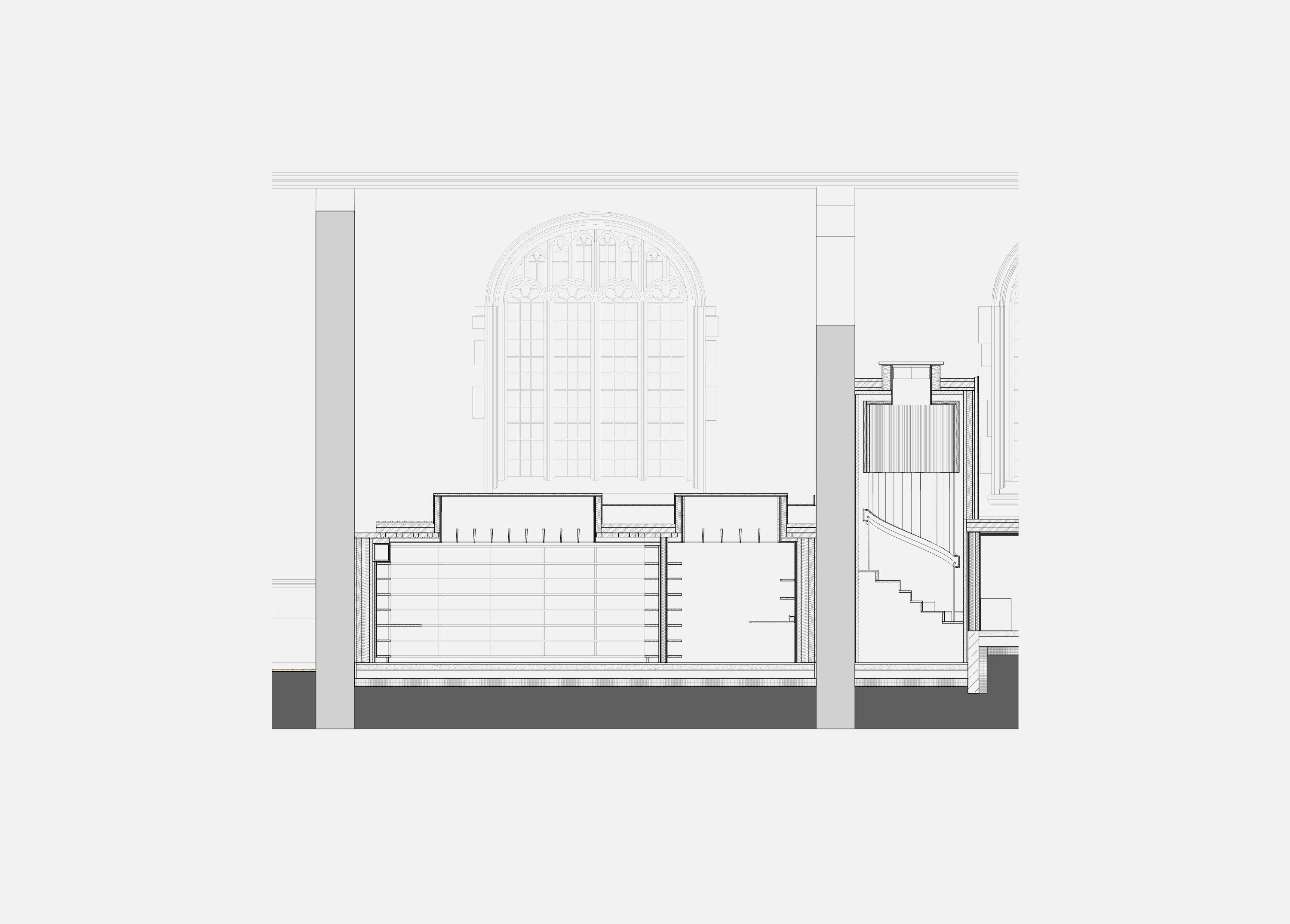 Detail section through the annex at Exeter College Library, Oxford, showing the cantilevered timber balcony, the lowered ground floor and the restored full-height window, with the Link block stair to the right.