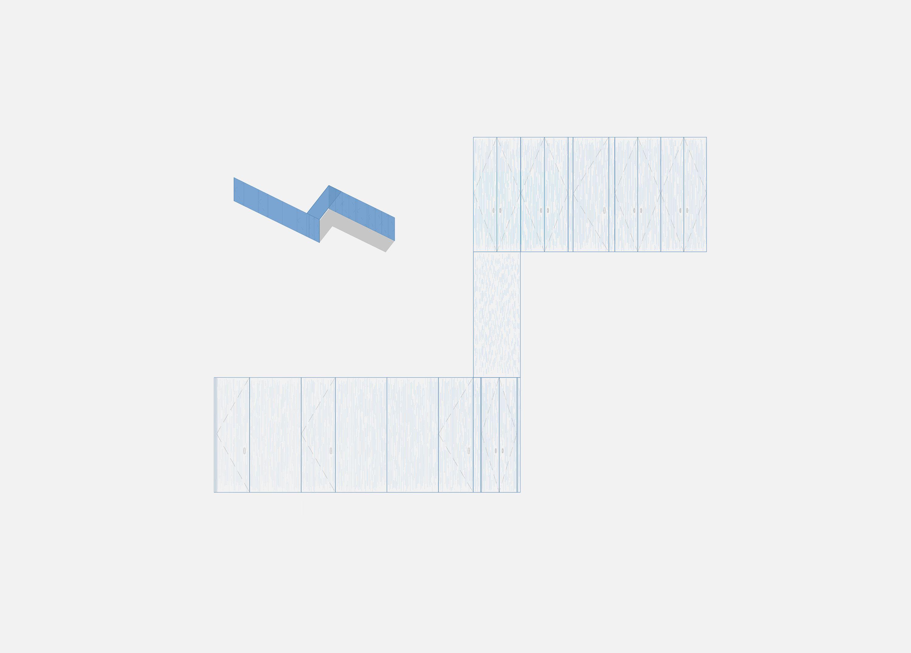 Joinery diagram for a refurbished apartment, the folded blue spine unrolled into elevations of its timber-panelled storage walls