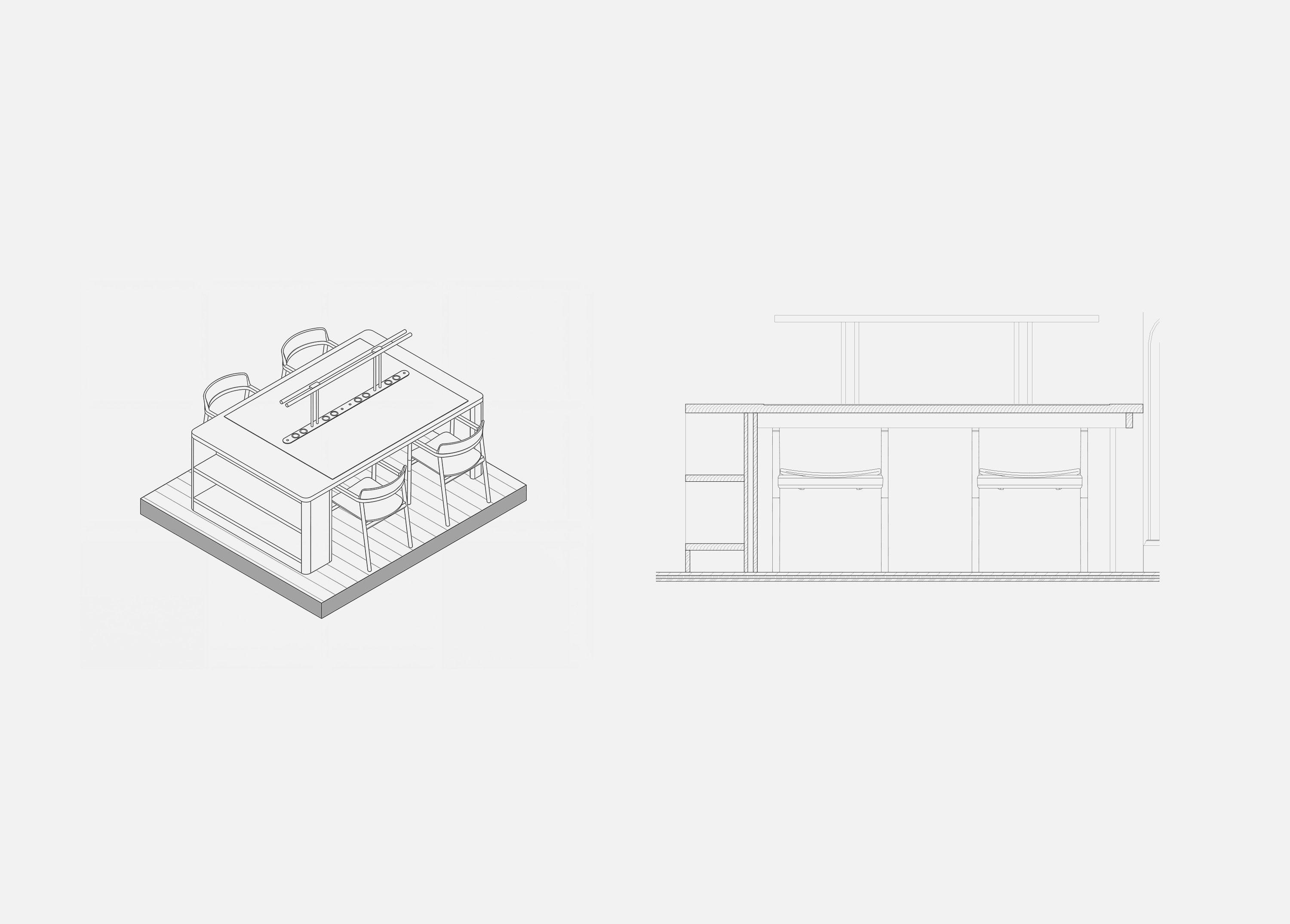 Axonometric and elevation drawings of a new oak study desk at Exeter College Library, Oxford, showing the paired seating, integrated task lights and under-desk book storage.