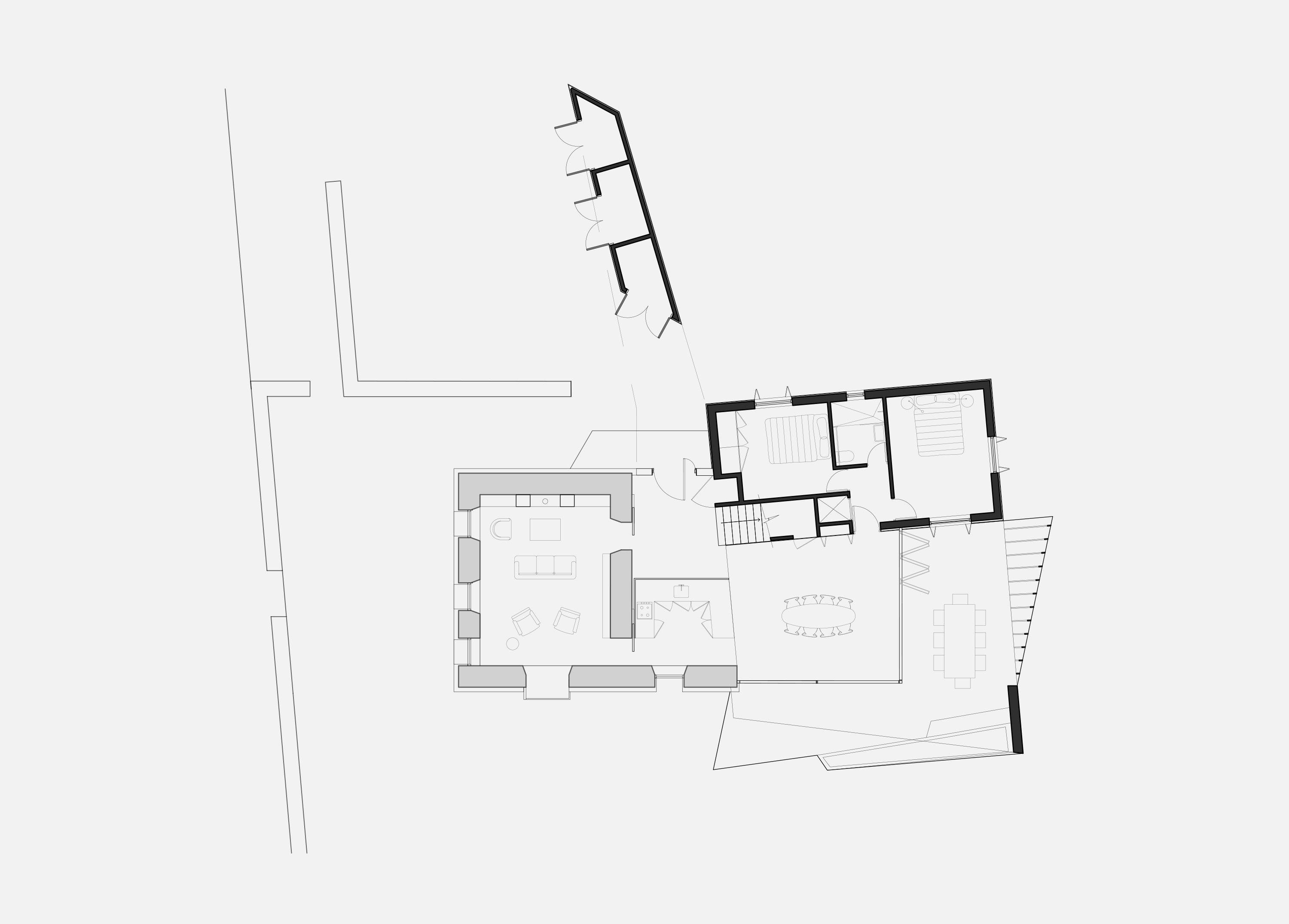 Ground floor plan of Keeping House at Liscannor, showing the refurbished cottage to the left, the bedroom volume behind, and the kitchen, dining space and terrace in the link between them.