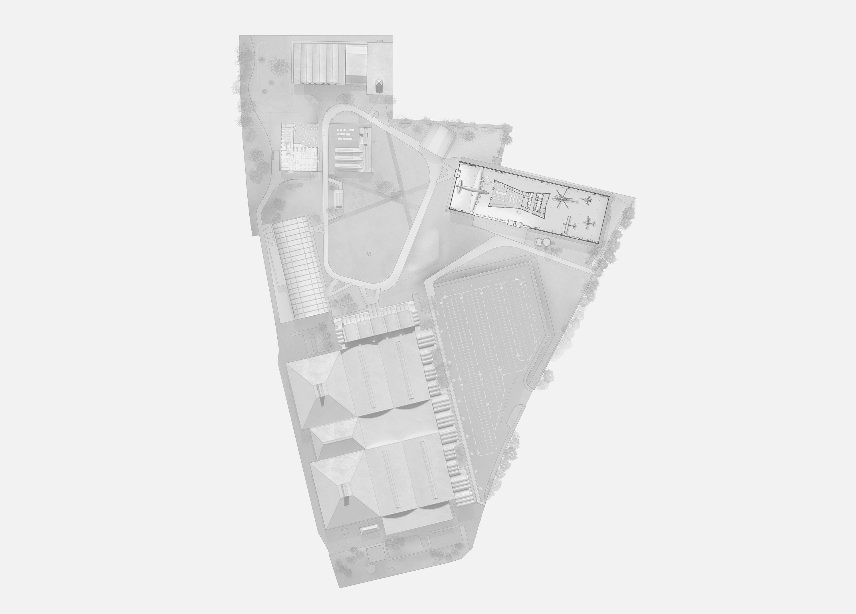 Site plan of the Royal Air Force Museum's London site at Hendon, showing the new central green evoking the original aerodrome, with the circular taxiway route connecting the exhibition hangars and the car park relocated to the edge