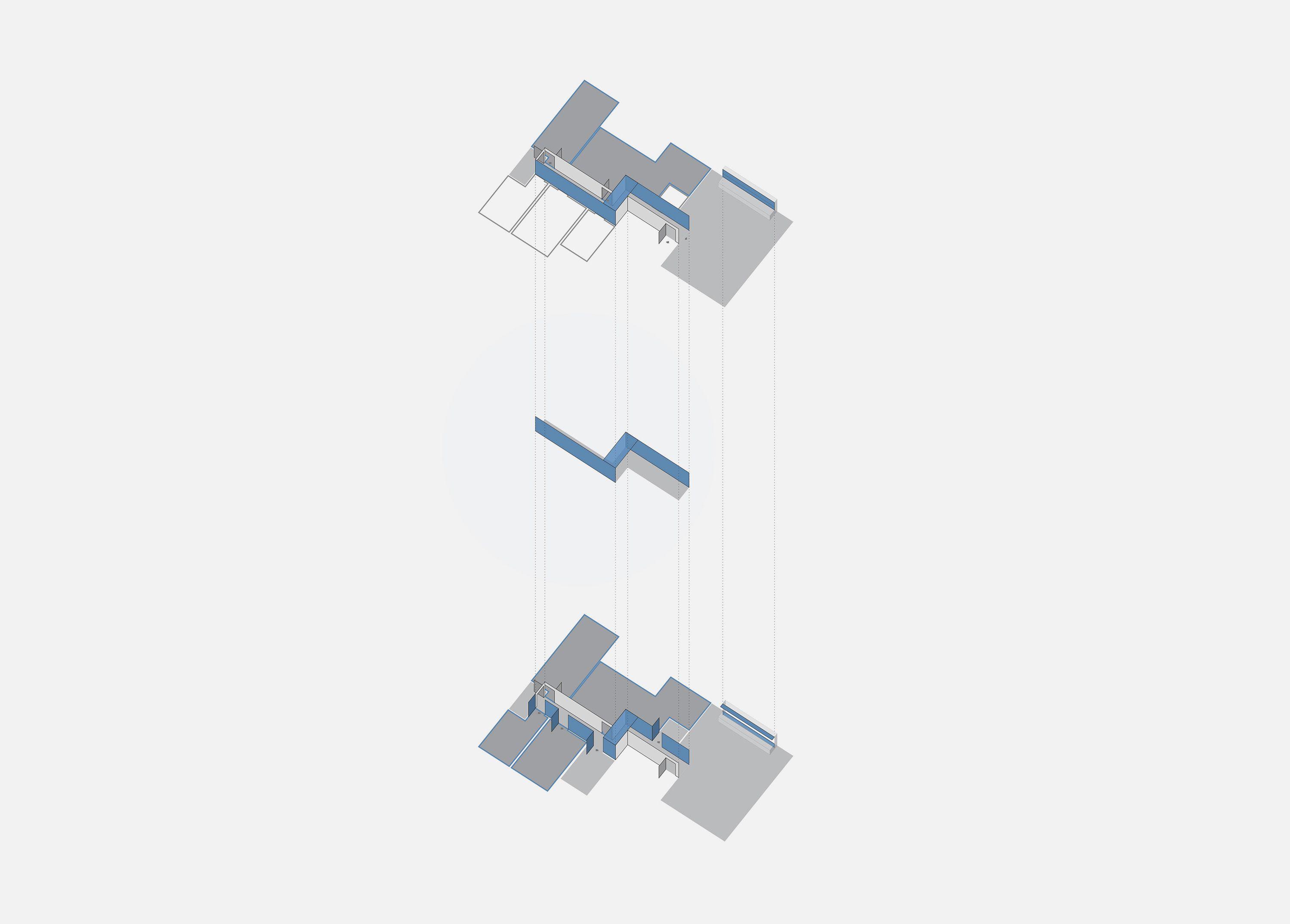 Exploded axonometric of a refurbished apartment, the plan separated into layers with the new joinery and sliding partitions highlighted in blue along the central spine