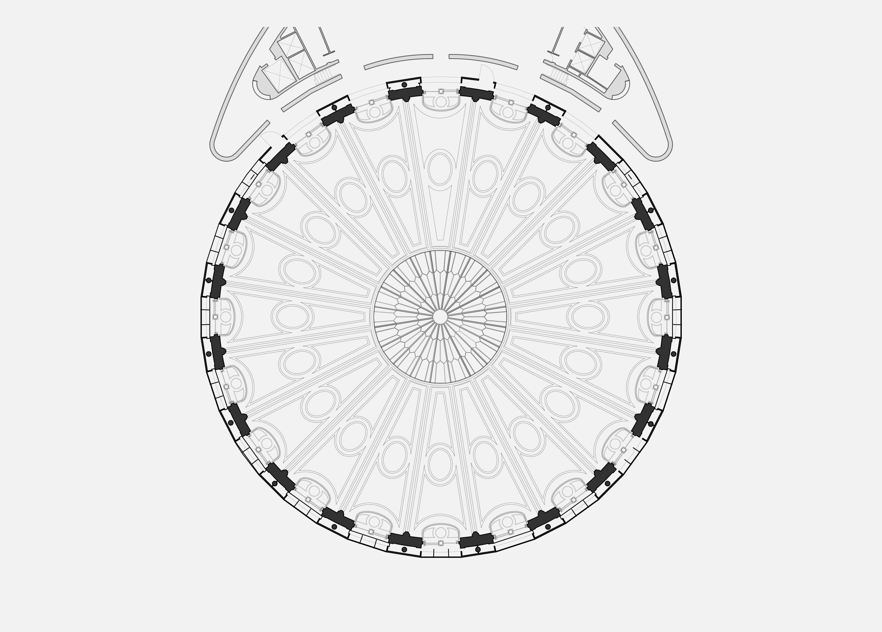 Reflected ceiling plan of the Round Reading Room, the dome's radiating ribs and the ring of arched windows drawn around the central lantern.