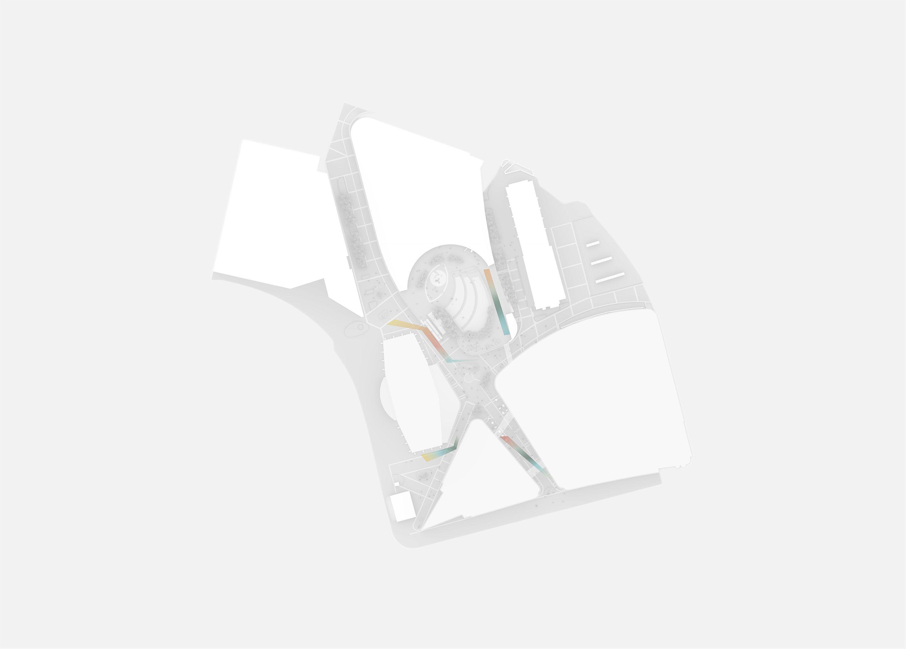 Plan of the Cardinal Place estate, its blocks and open spaces drawn in outline with the suspended mesh installations marked at the entrances between them.