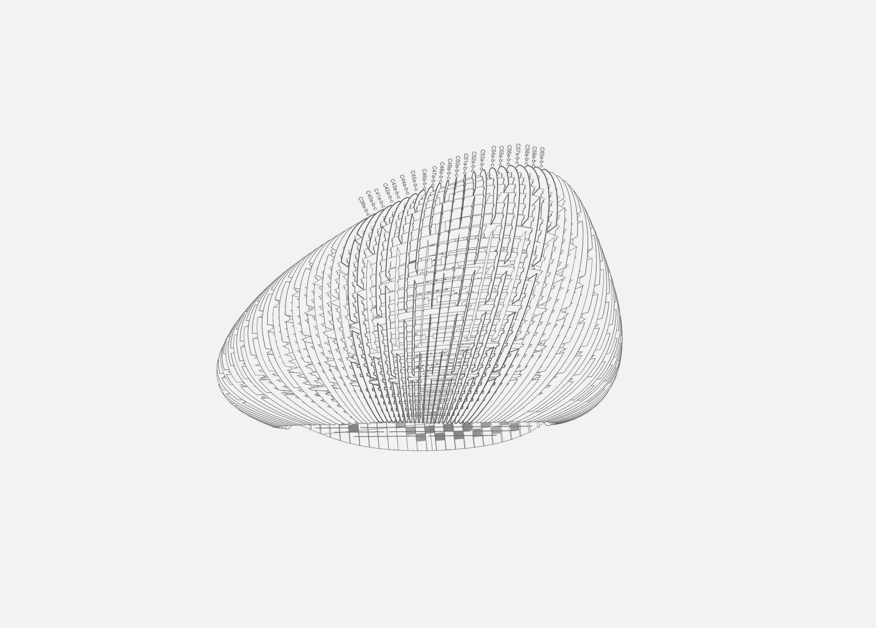 Roof setting-out drawing for AA DRL10 Pavilio, London, each curved panel annotated for fabrication