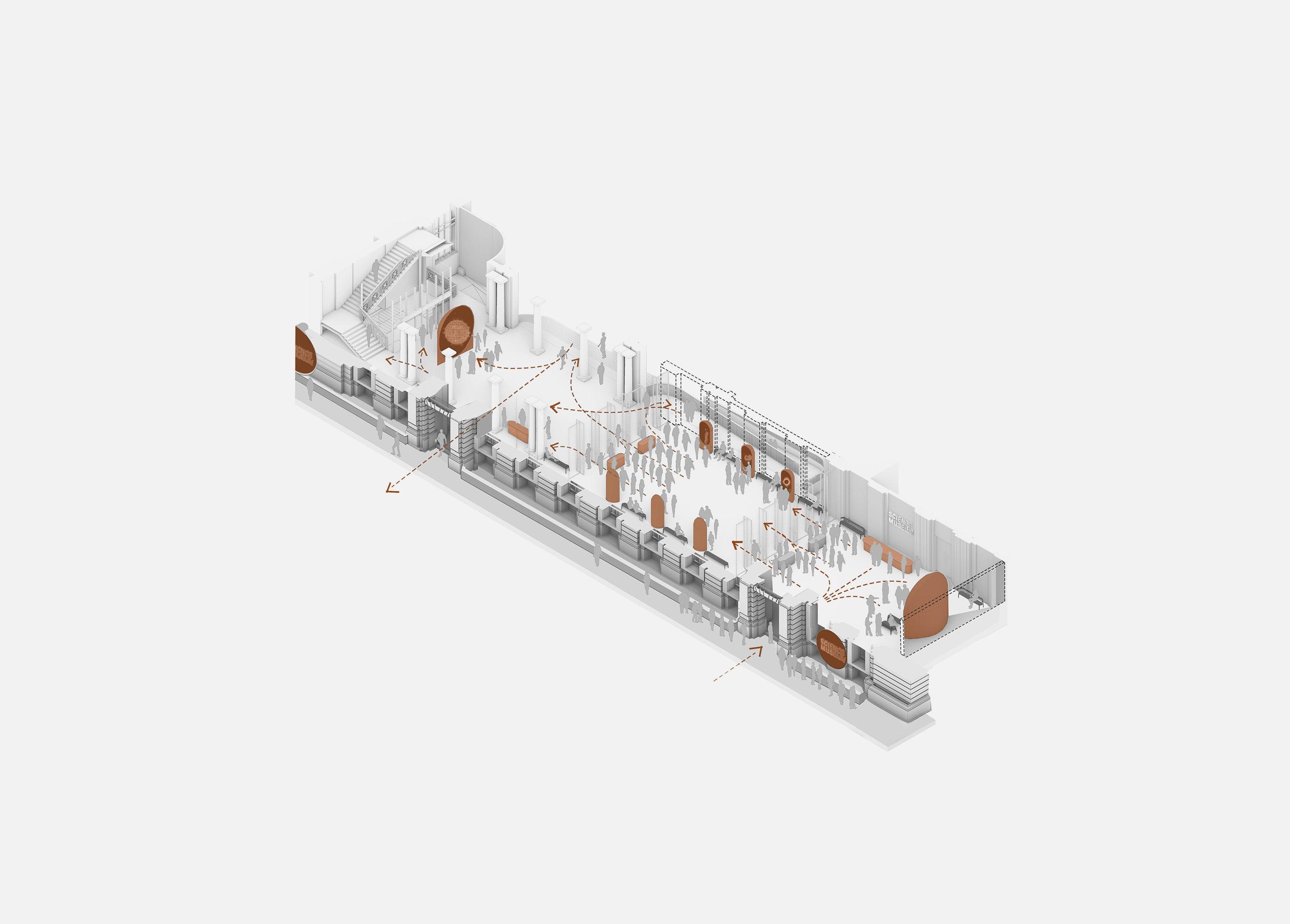 Cutaway axonometric drawing of the Science Museum's East Gallery at peak visiting, dashed arrows tracing multiple visitor routes branching through the hall past its oak display niches.