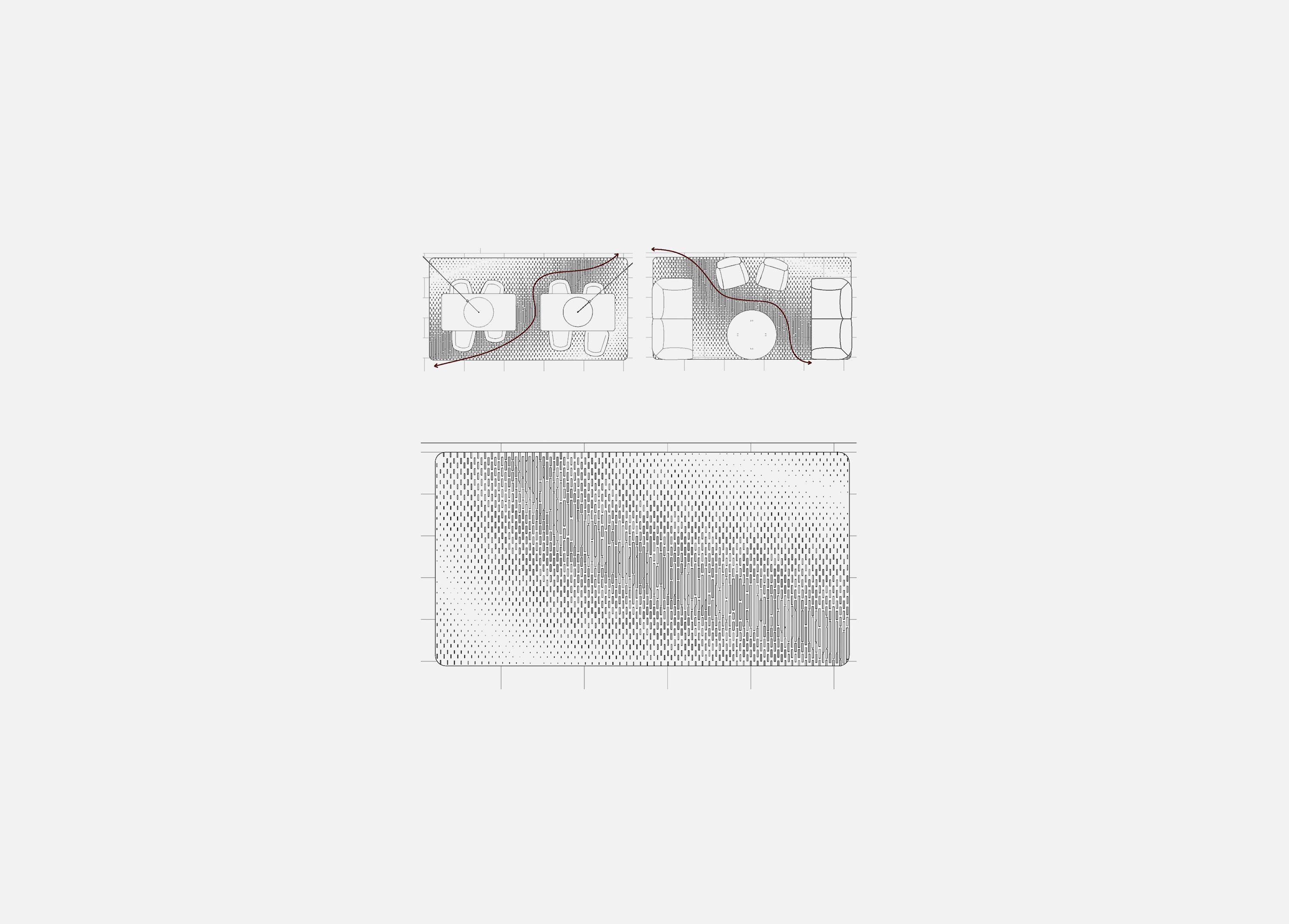 Design studies for a bespoke carpet at Coppice Workplace, two plan sketches above a woven pattern sample