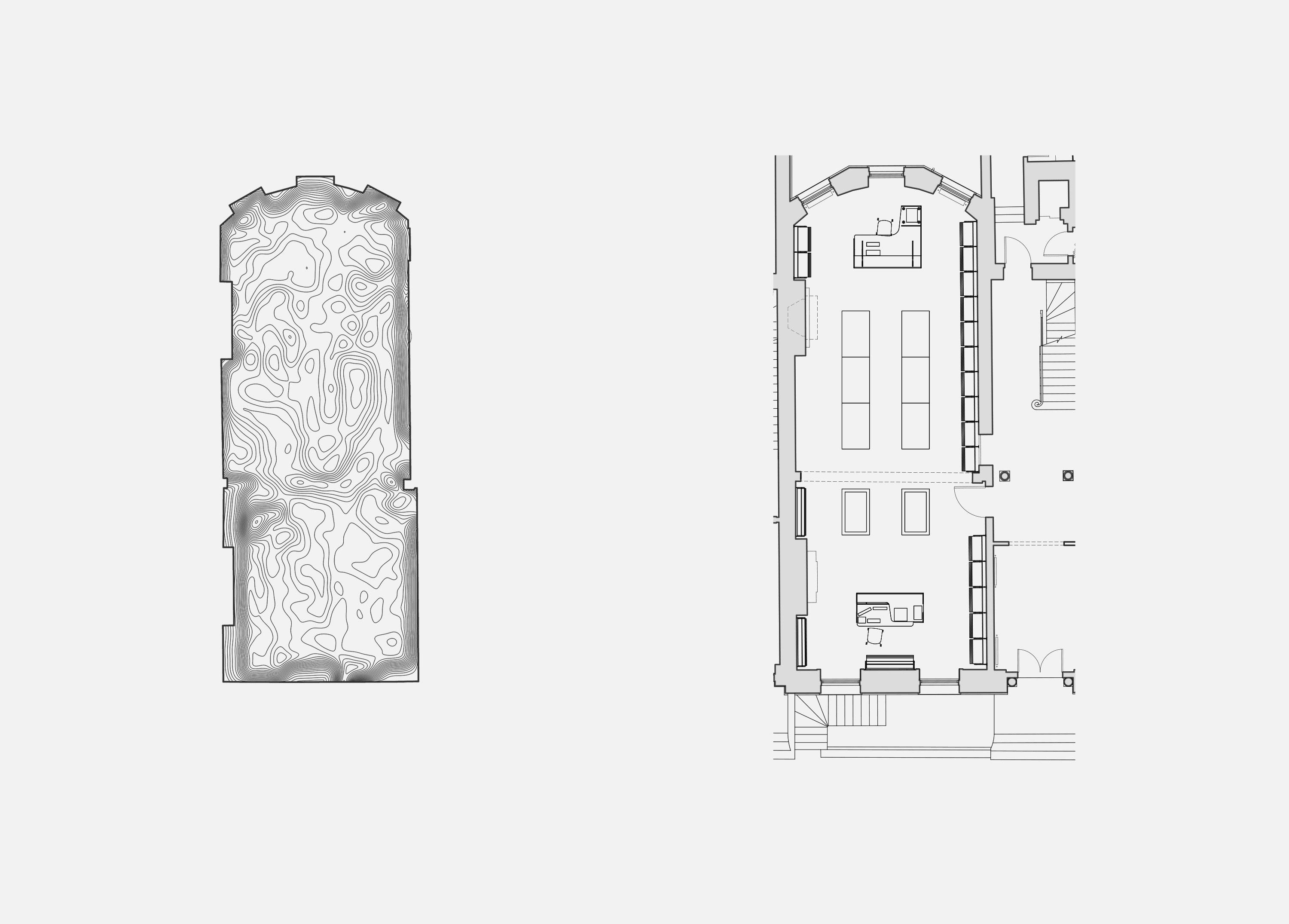 Bookshop plan showing floor levels and furniture layout