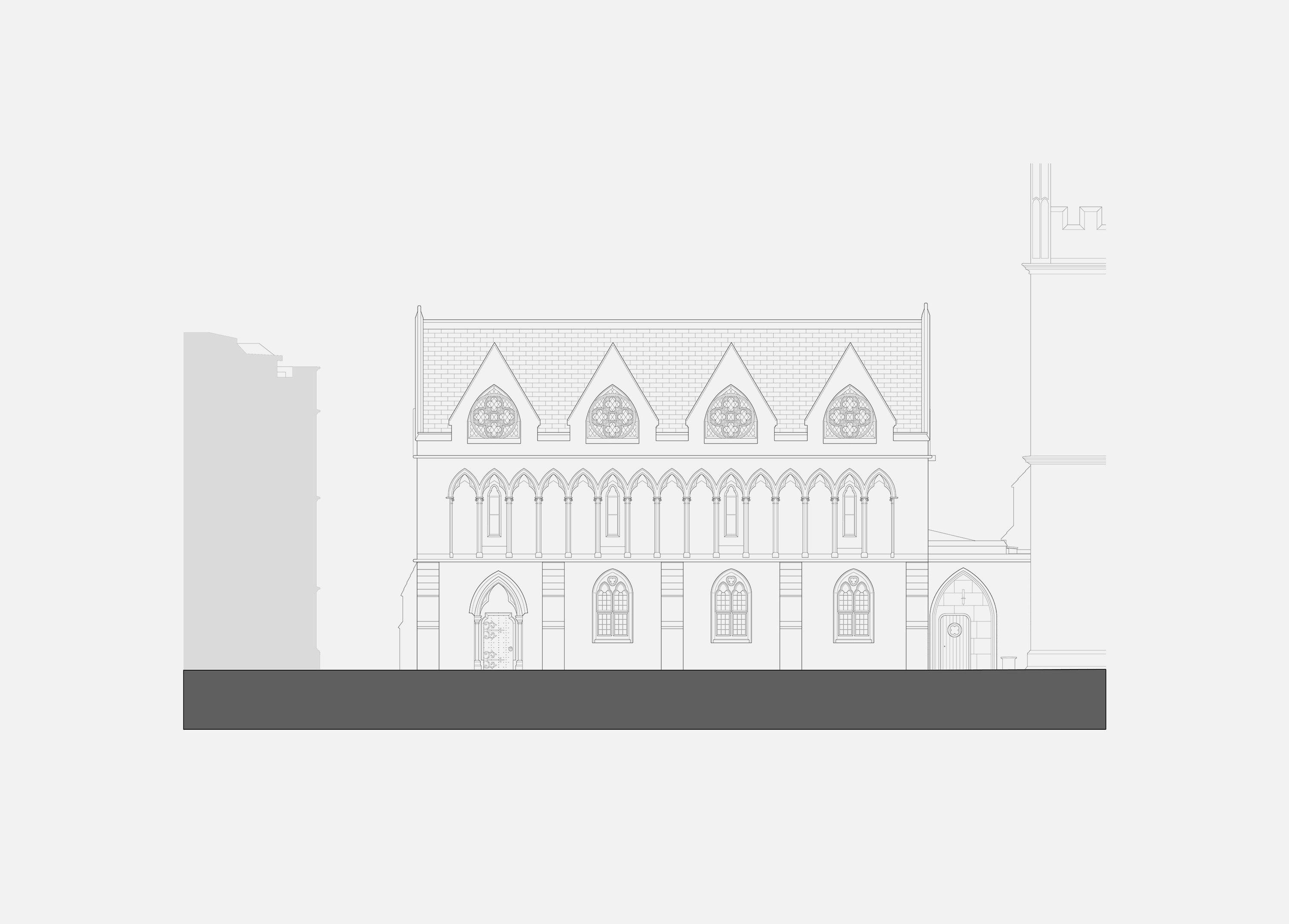 Garden elevation of Exeter College Library, Oxford, showing Scott's neo-gothic range with its gabled dormers, arcaded windows and the new arched entrance at the right-hand end