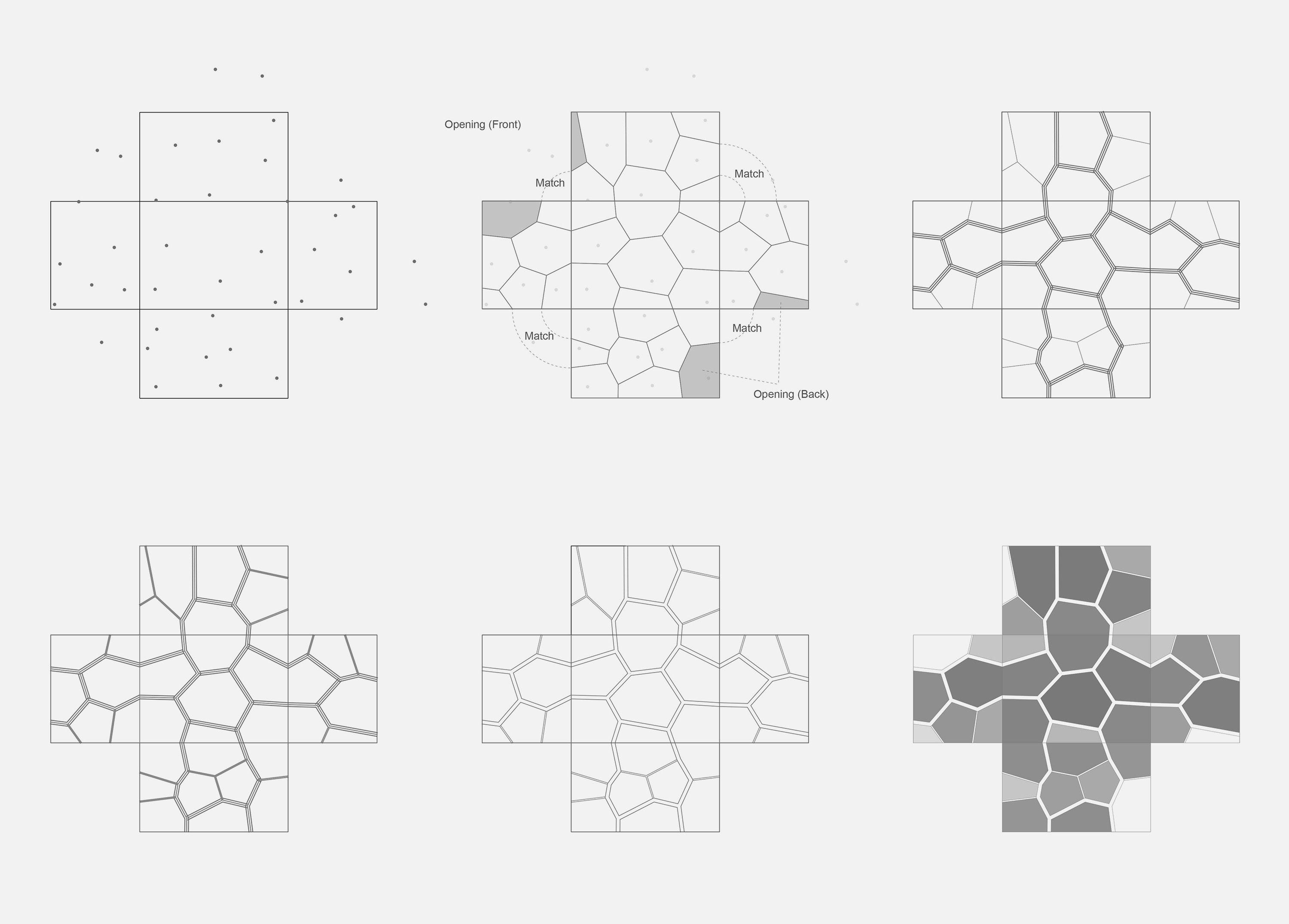 diagram of the pavilion's wall pattern shown on the unfolded surface, from scattered seed points to divided cells with matched front and back openings, then thickened timber capillaries and the infill cassettes shaded in tone.
