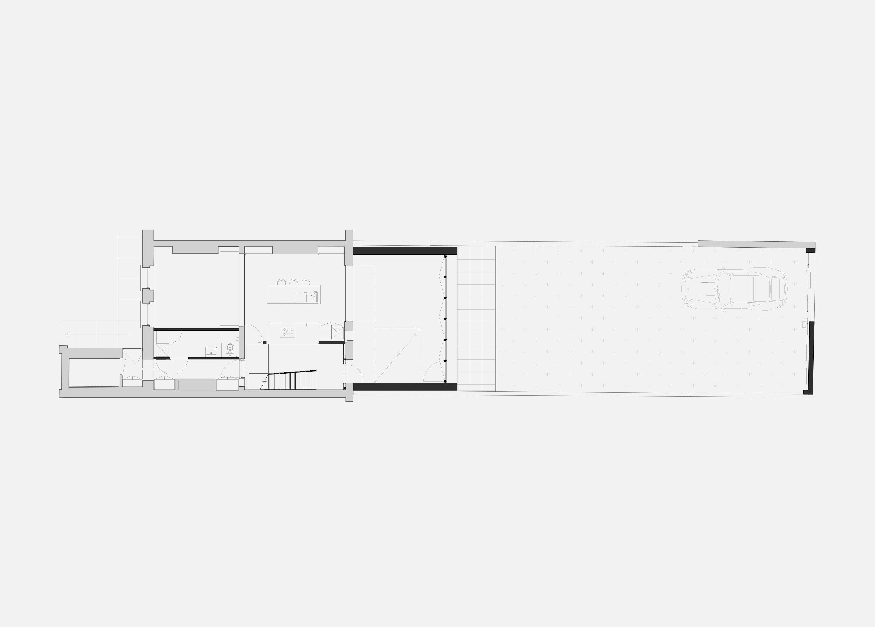 Lower ground floor plan of Half Landings House, kitchen and stair within the historic house opening onto a new dining extension and rear garden