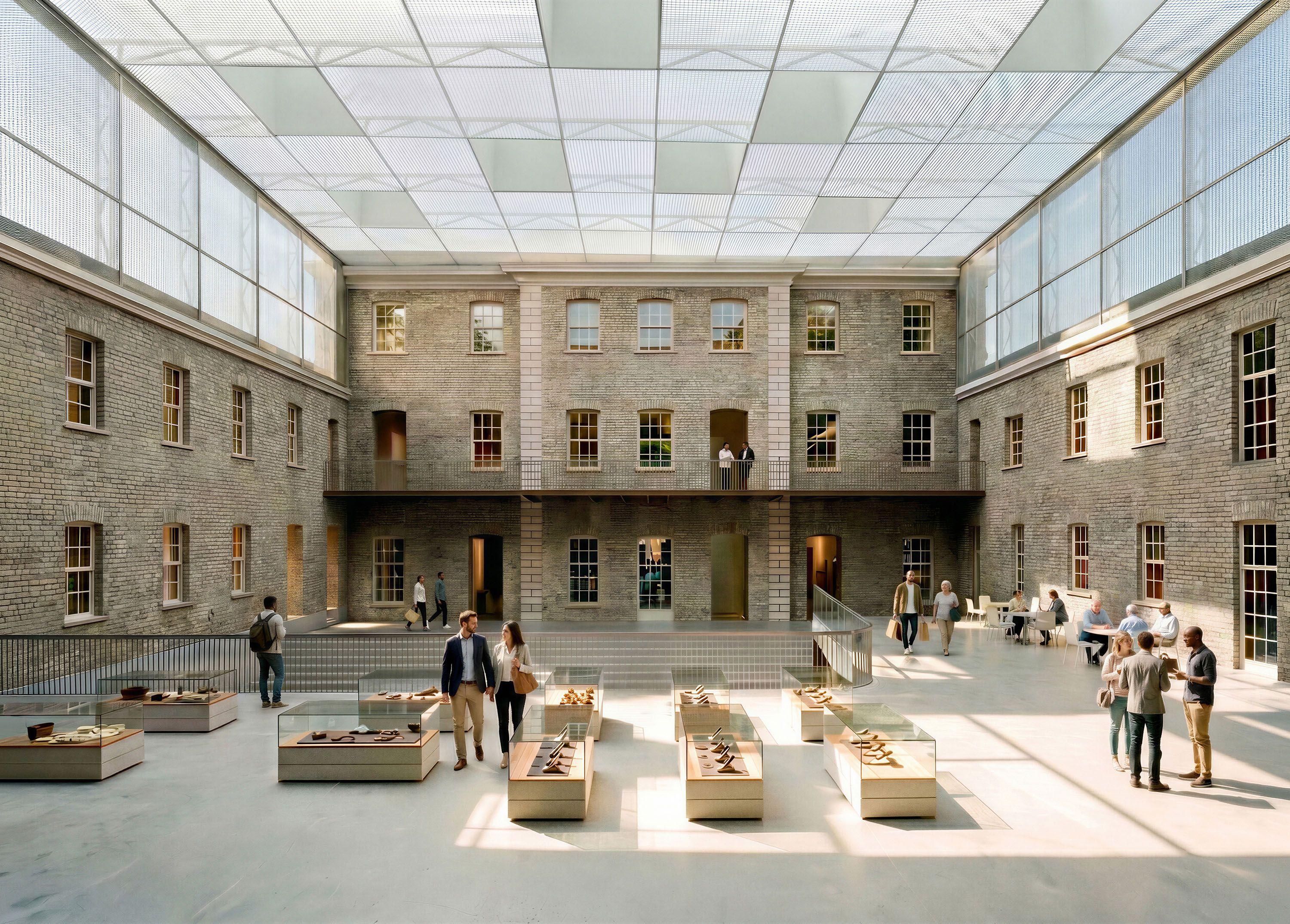 The restored courtyard at Powerscourt Townhouse, Dublin, its new lightweight roof bringing diffuse daylight into the brick-lined space below