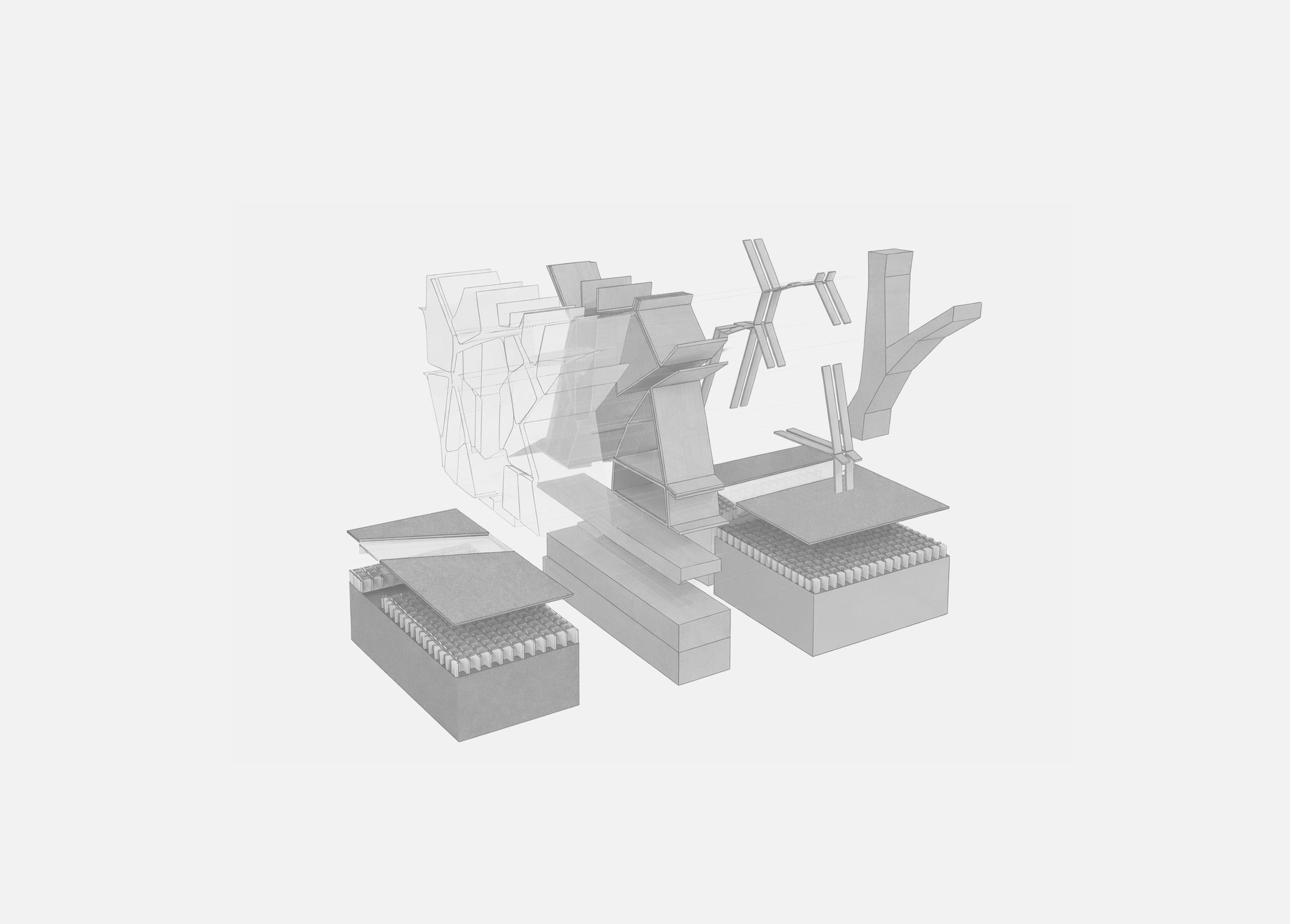 Exploded axonometric of the pavilion, showing the sand-ballasted spruce beam raft foundation below, the branching timber capillaries above it, and the cellular wall panels assembling in front.