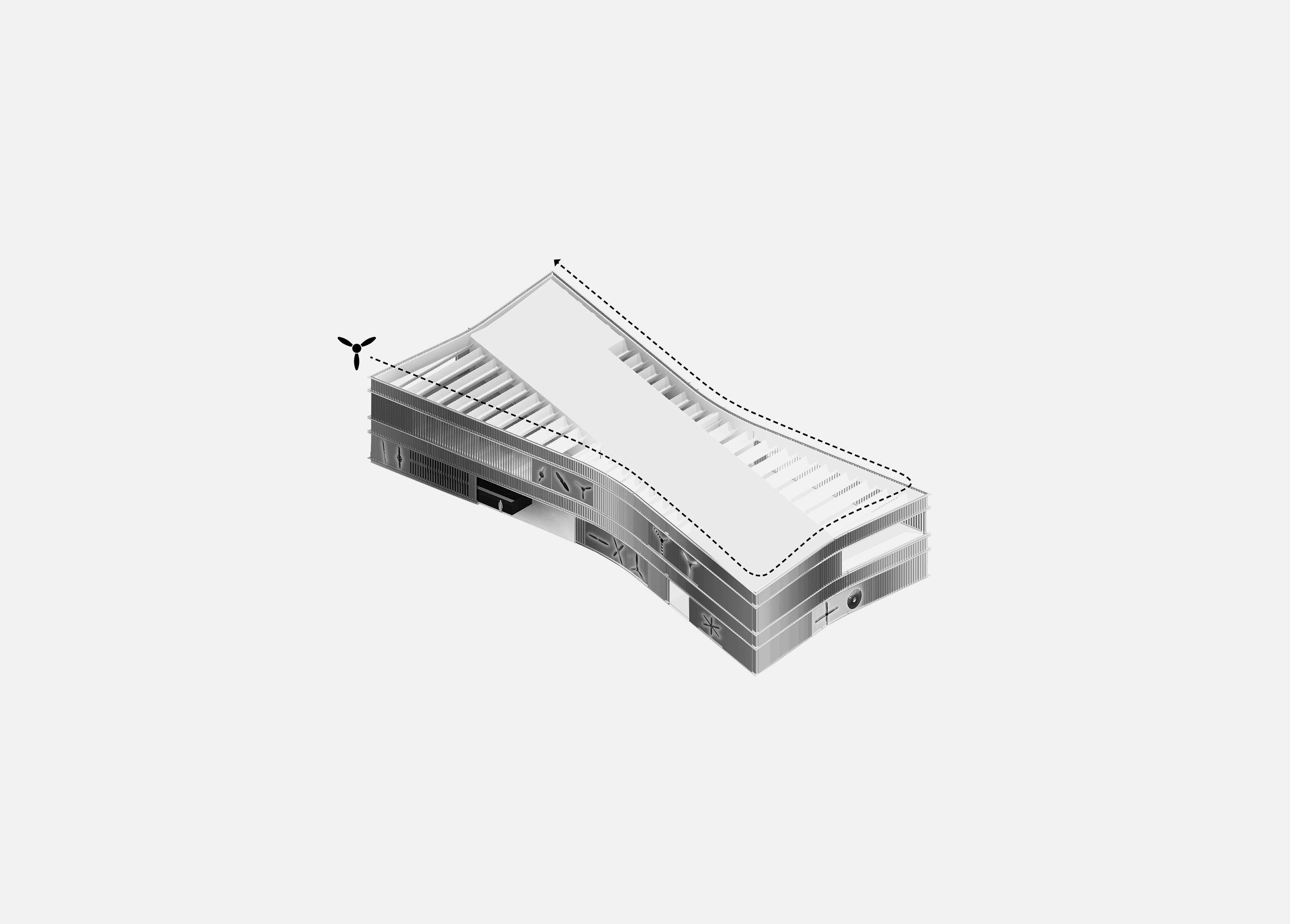 Concept diagram of the pavilion at the RAF Museum, London, the cladding sweeping around the pavilion form