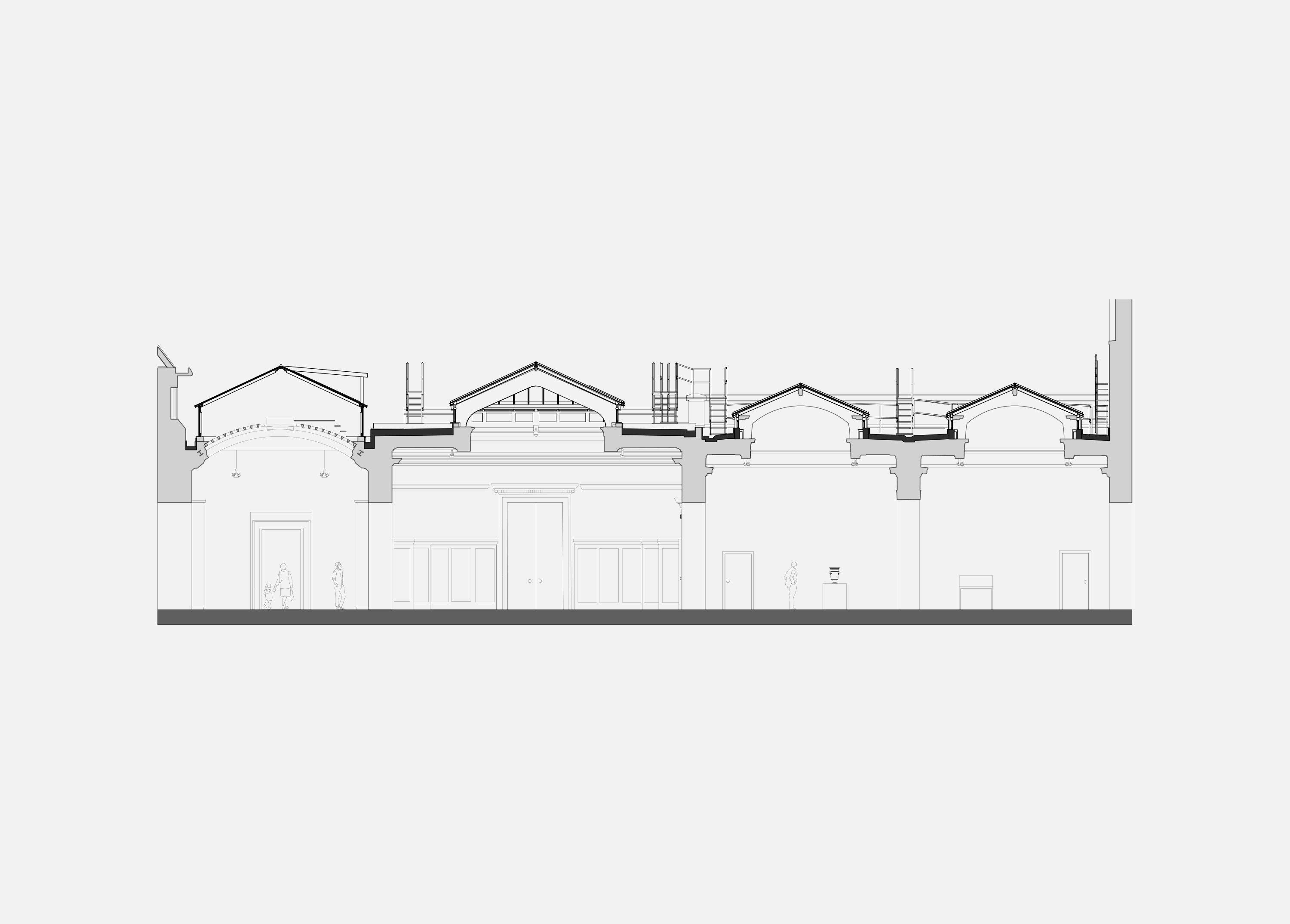 Detail section through the North Egypt Galleries at the British Museum, revealing the pitched roof structures, glazed lanterns and vaulted ceilings above the galleries below.