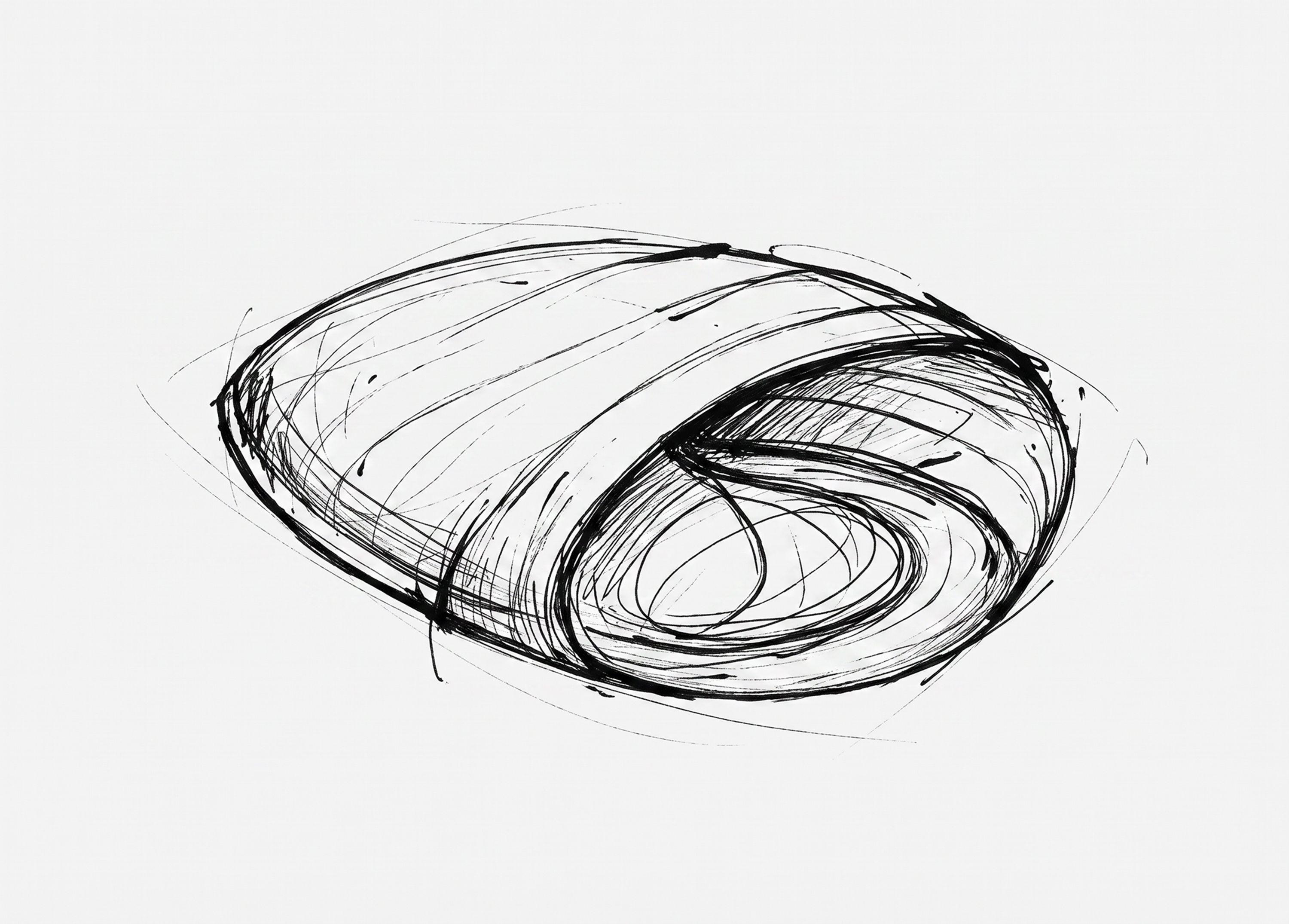 Ink sketch of the AA DRL 10 Pavilion, the curved coiling geometry of the structure worked out in freehand line.