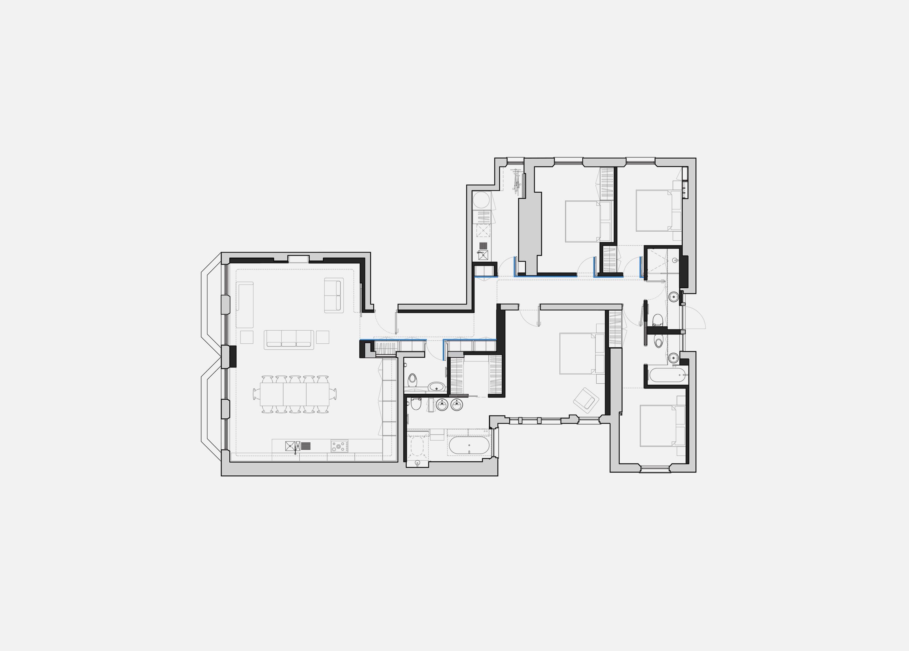 Floor plan of a refurbished apartment, the open-plan living, dining and kitchen space at one end connected by a central hallway to the bedrooms and bathrooms